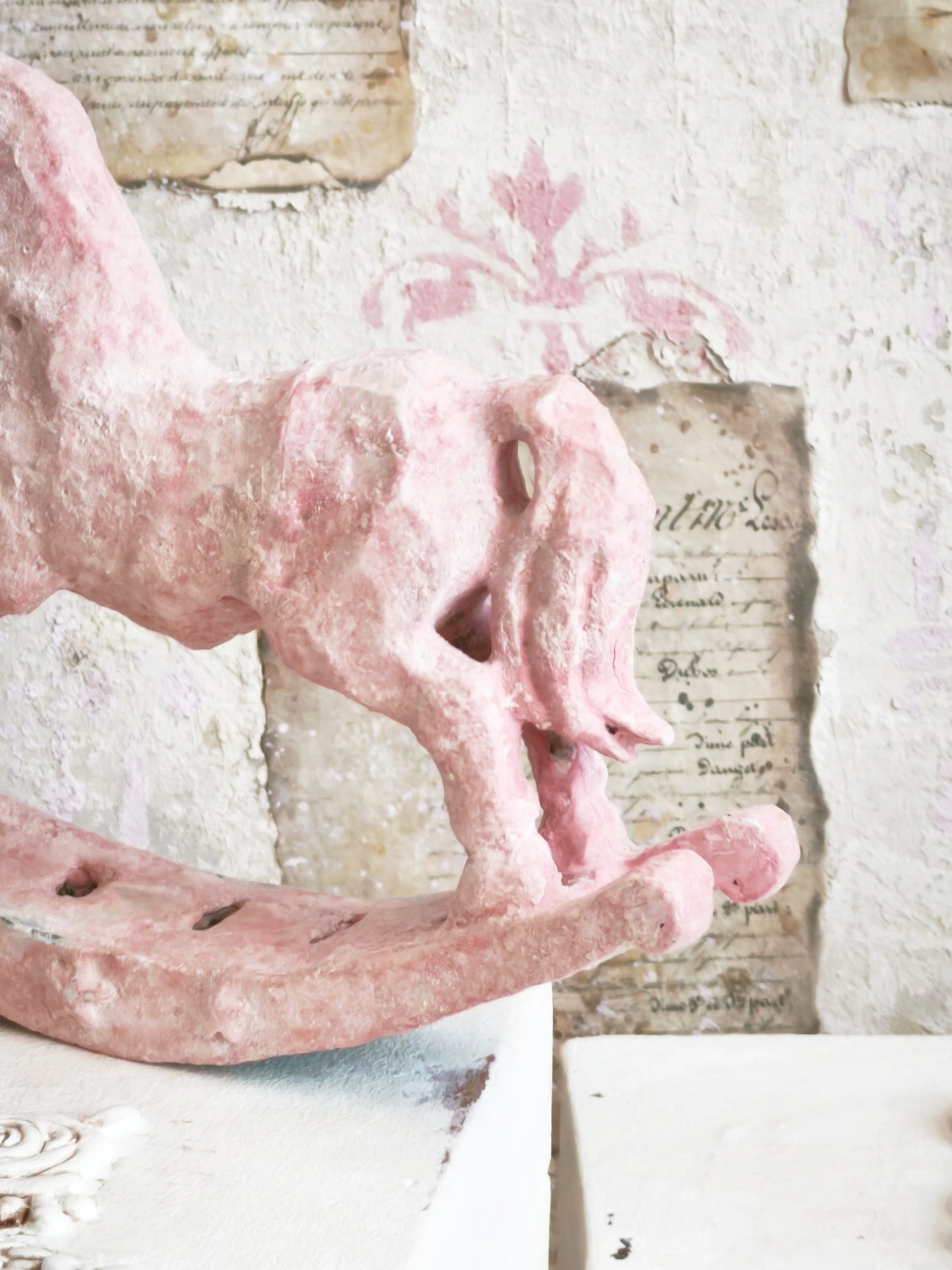 Pink Crowned Rocking Horse Figurine, Distressed Resin Sculpture, Shabby Chic Decor