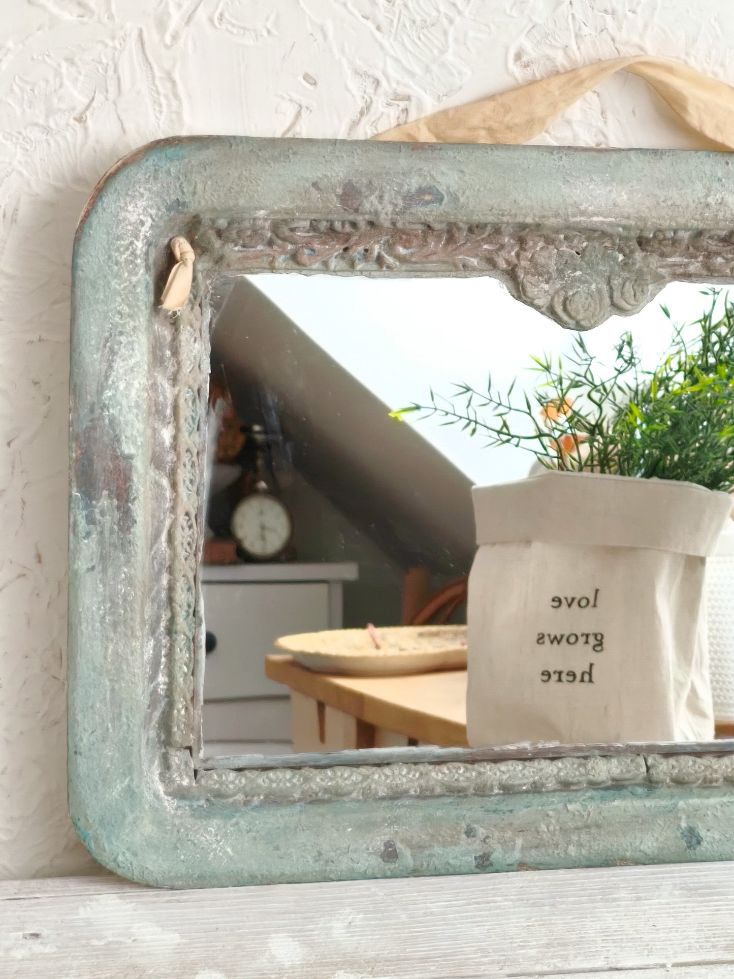 Romantic Blue Metal Wall Mirror With Floral Details And Hanging Ribbon, Distressed Shabby Chic Home Decor