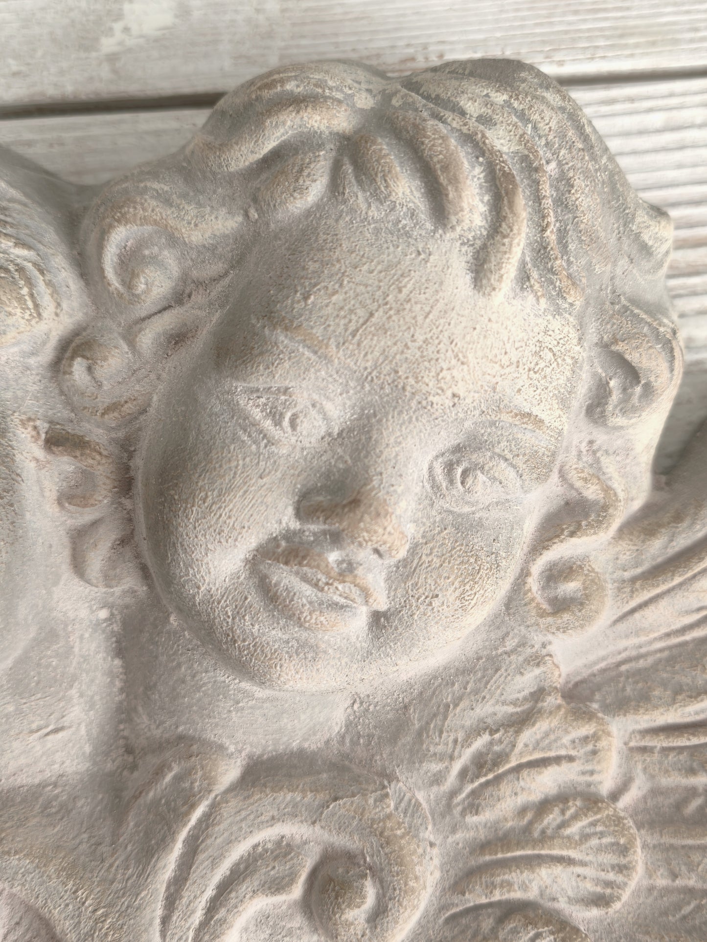 Large Plaster Cherubs Head Wall Sculpture, Bas Relief Chalkware Putti Angels, Shabby Chic Decor
