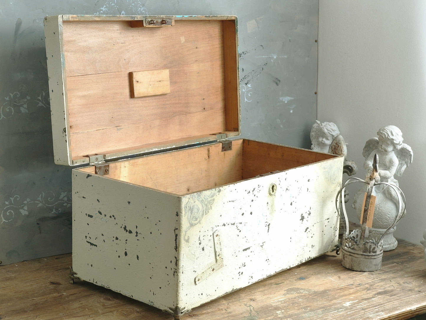 Antique Creamy Wooden Trunk Chest, Distressed Furniture