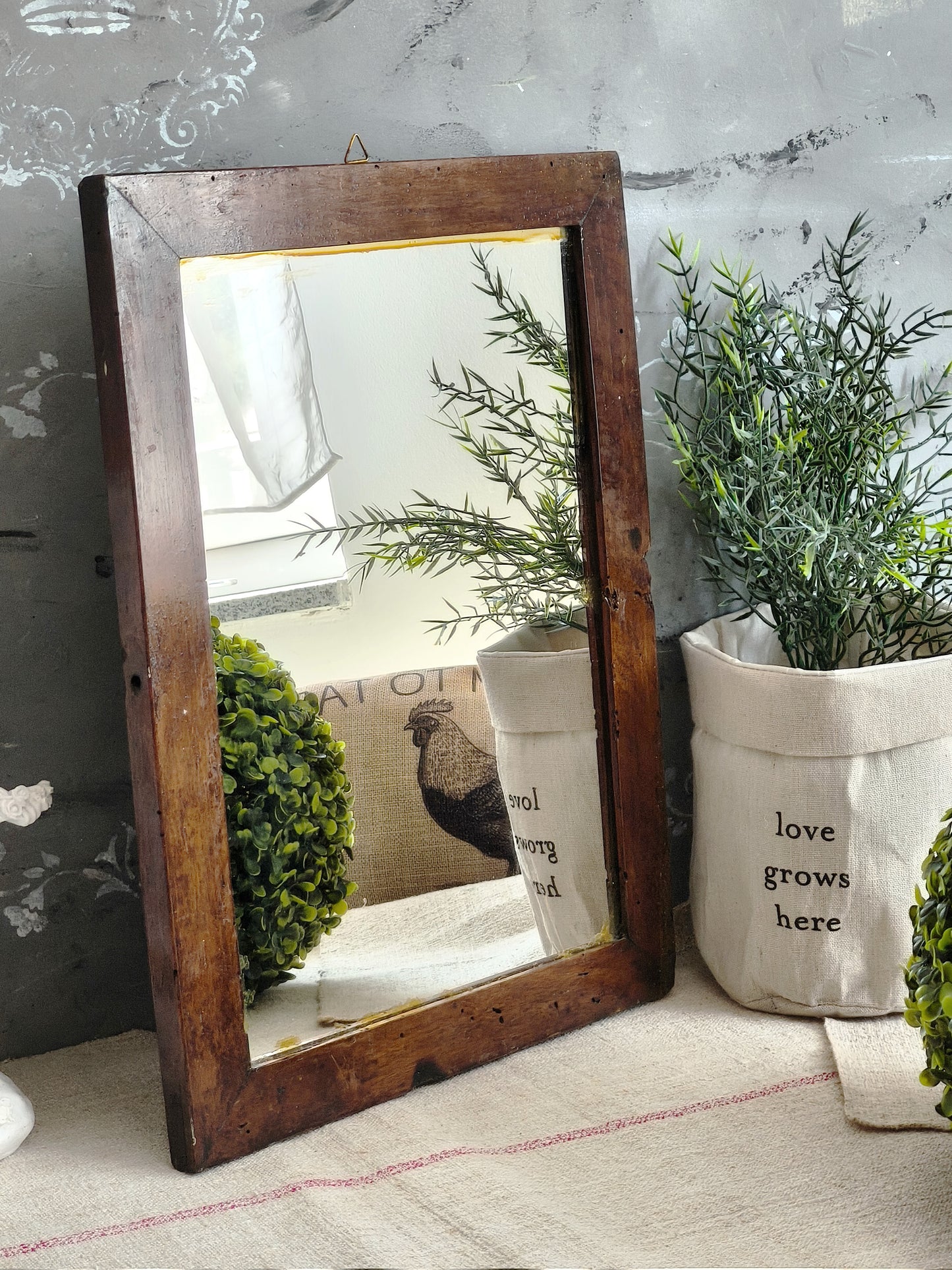 Antique Walnut Wood Wall Mirror, Primitive Wall Decor