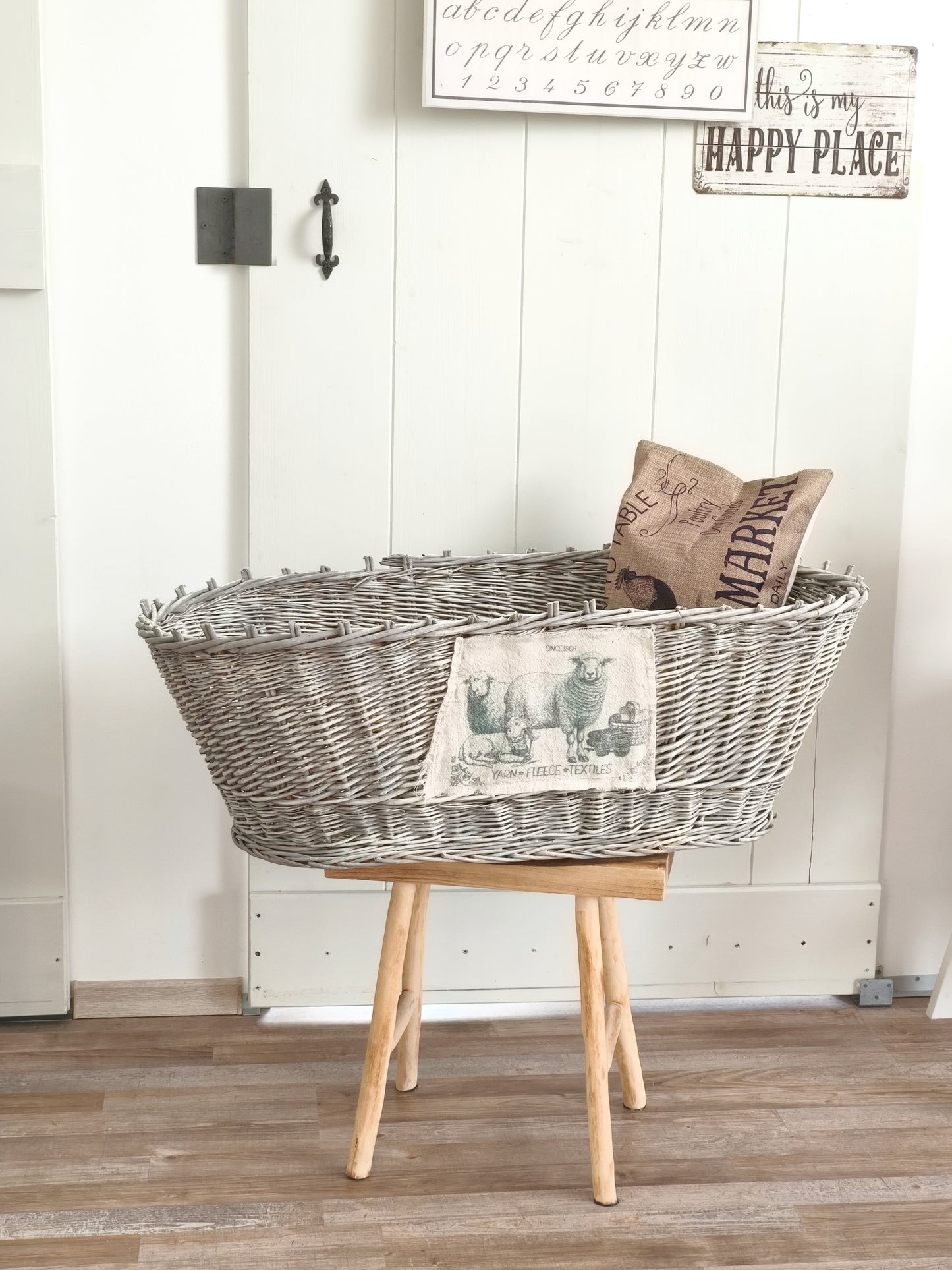 Large Wicker Basket Sheep Design, Rustic Laundry Hamper, Farmhouse Decor