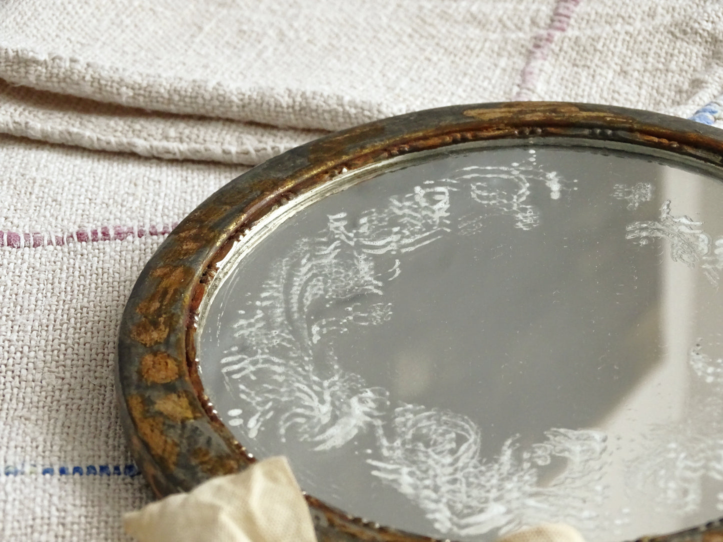 Aged Metal Hand Mirror with Bow, Makeup Mirror