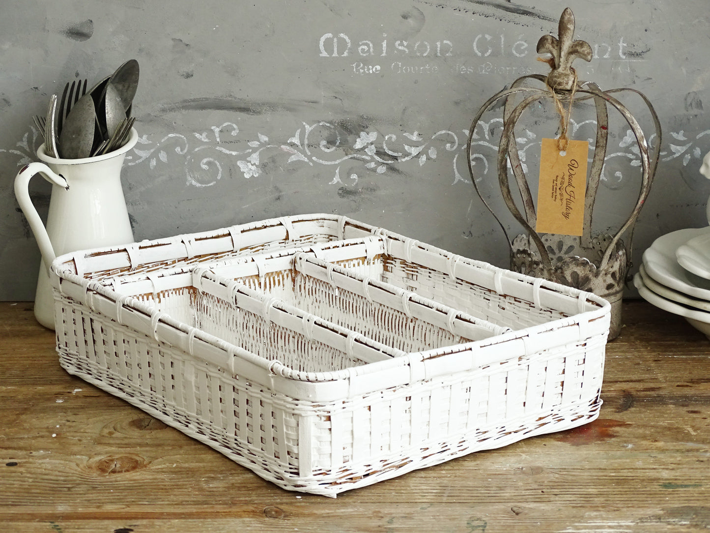 White Wicker Flatware Tray, Cuttlery Caddy Holder, Compartment Divided Box, Drawer Organizer, Shadow Box