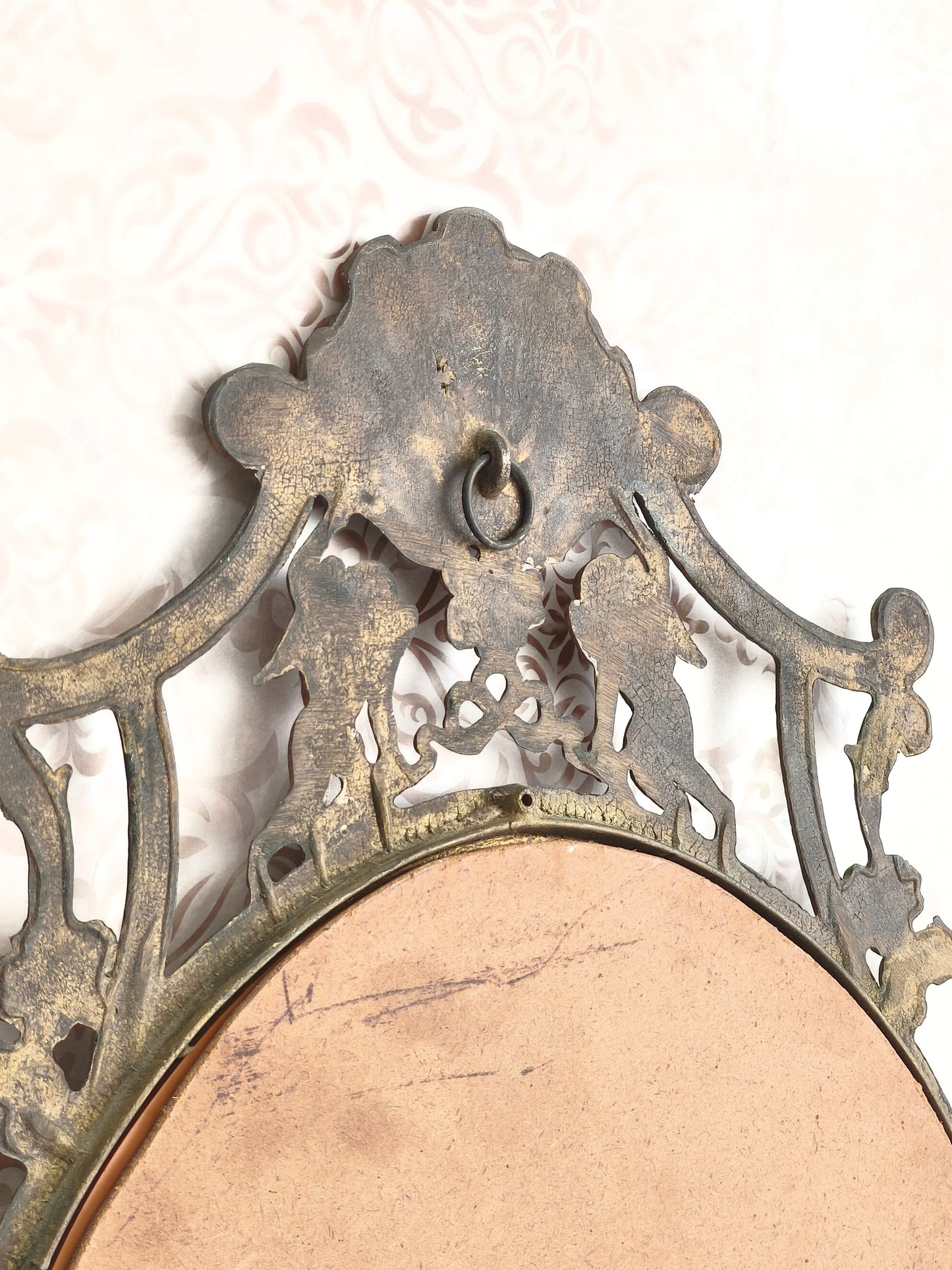 Large Antique Brass Wall Mirror With Cherubs, Oval Ornate Rocaille Design