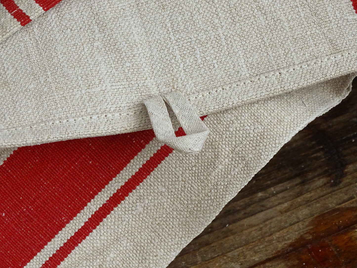 Set Of 2 Antique French Linen Tea Towels: Red Stripes, Unused 1900s Torchon