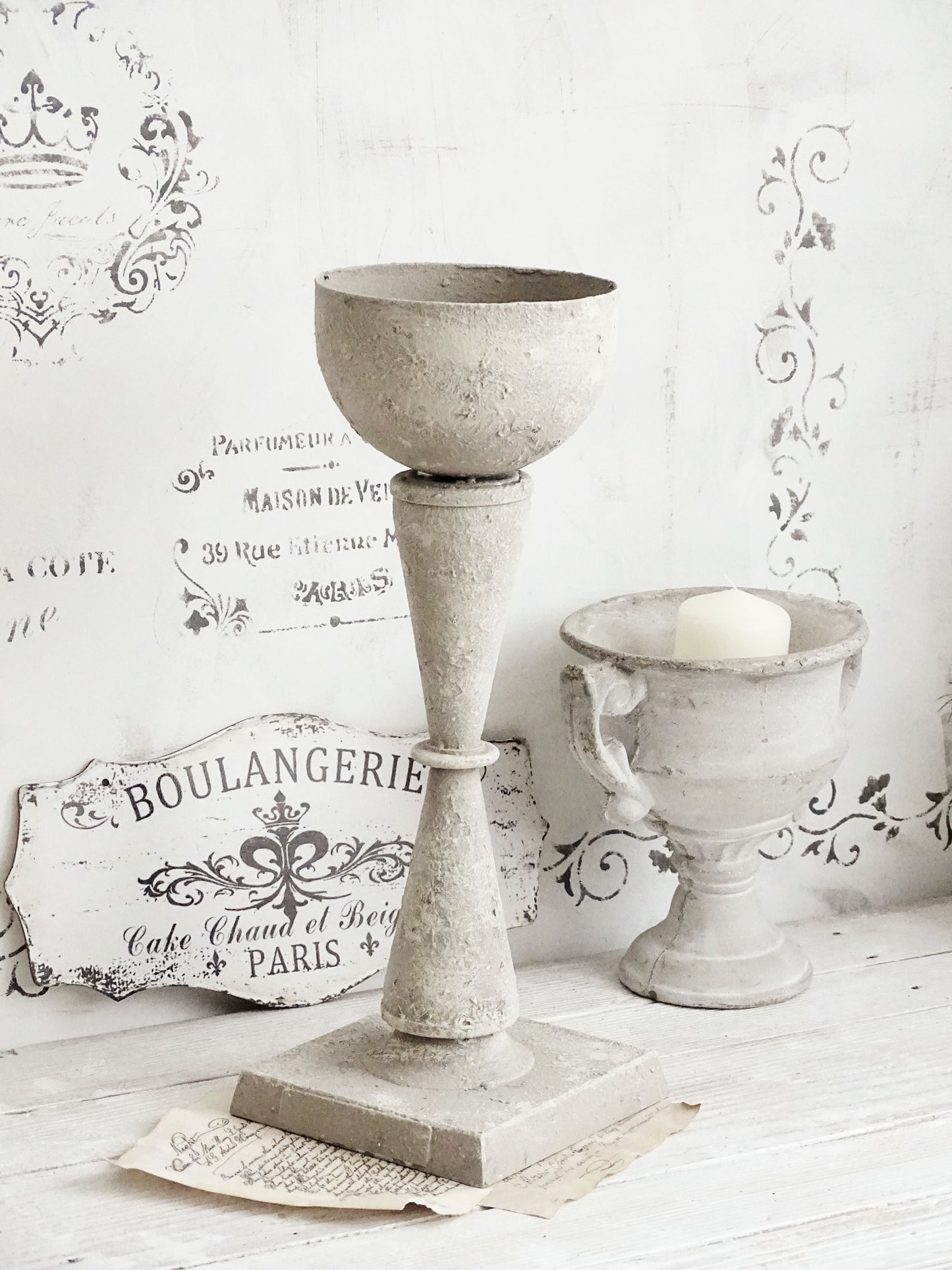 Metal Trophy Urn Vase Stone Effect, Gray Distressed, Shabby Chic Pedestal Plant Pot