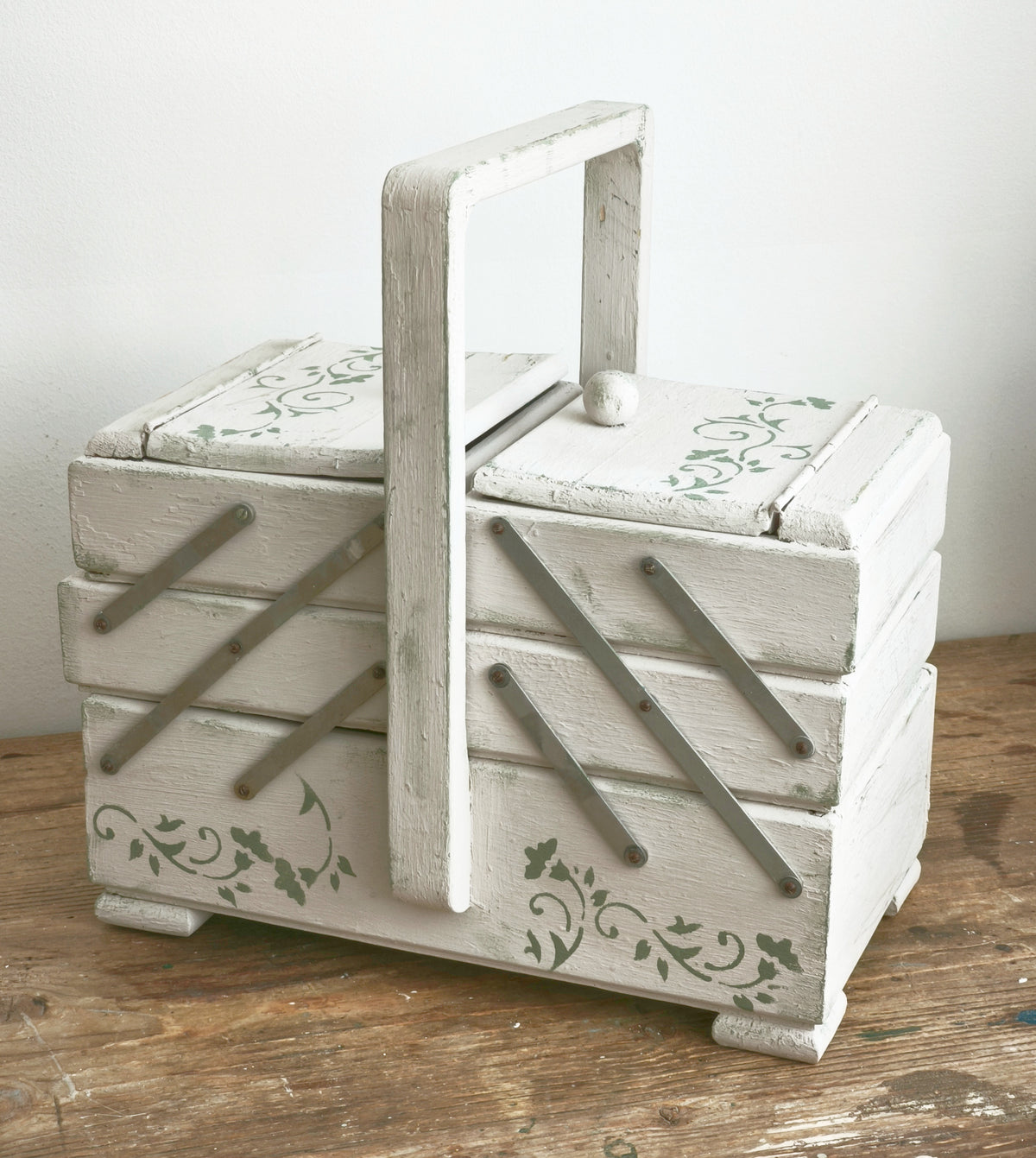 Antique Large Accordion Sewing Box: Shabby Chic Off White Wood Expandable Storage