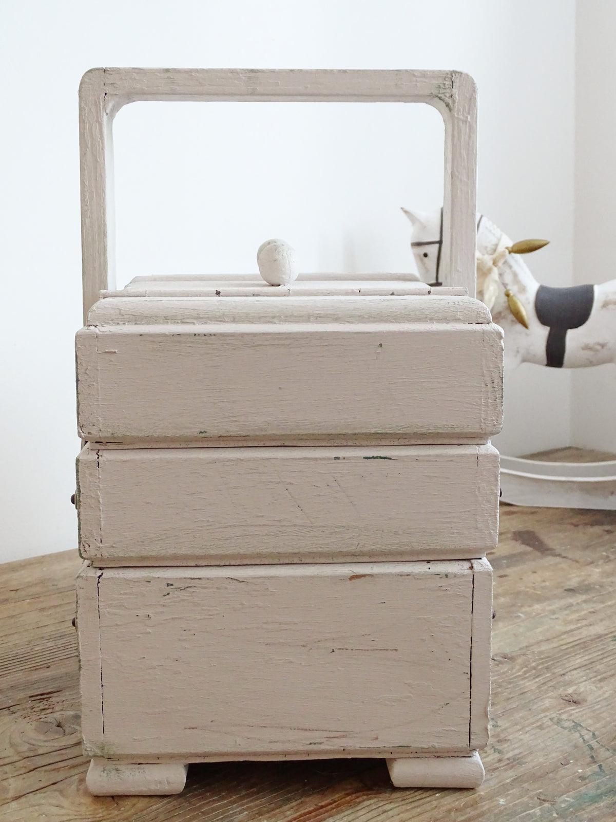 Antique Large Accordion Sewing Box: Shabby Chic Off White Wood Expandable Storage