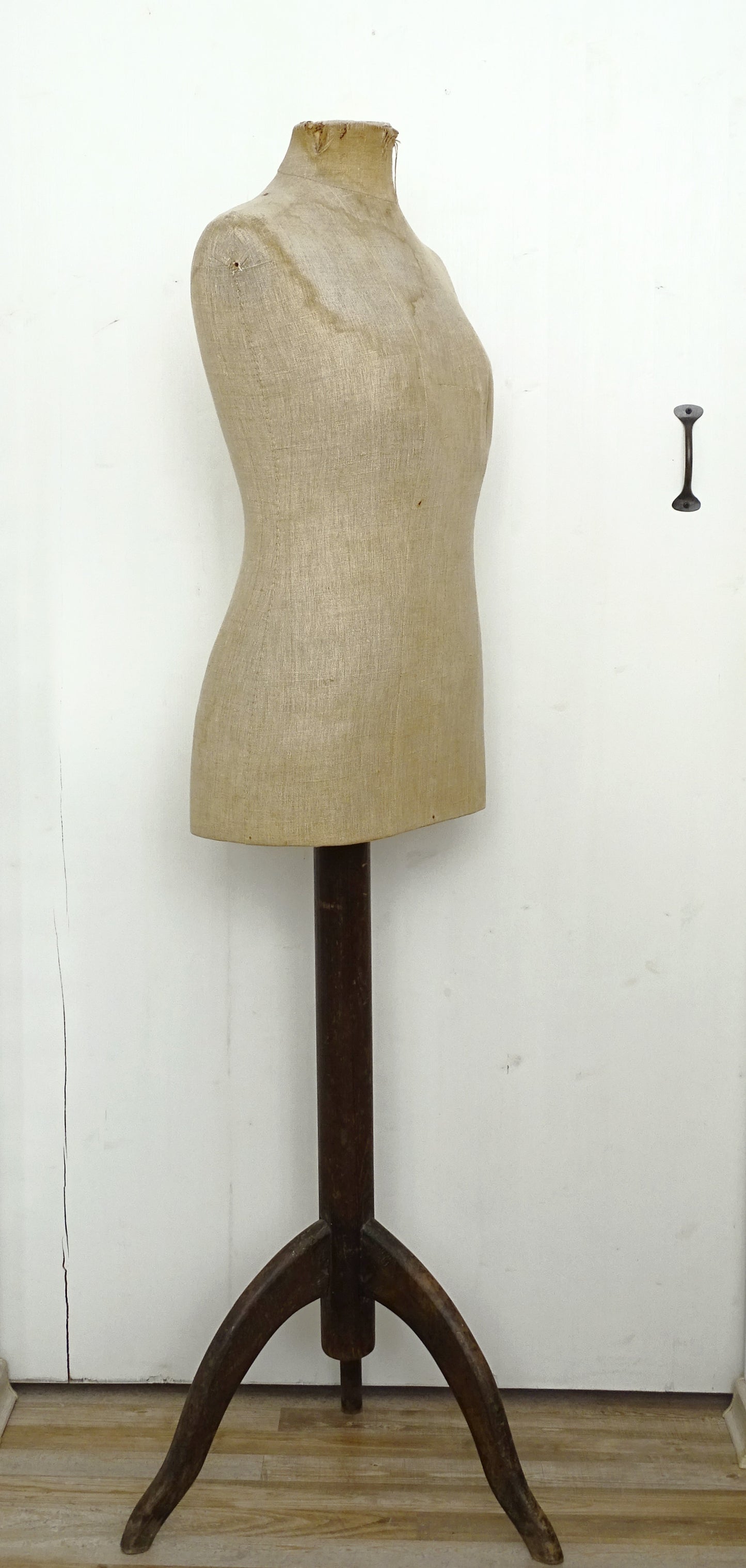 Antique French Mannequin: Tailor Dummy Female Dress Form, Oak Stand