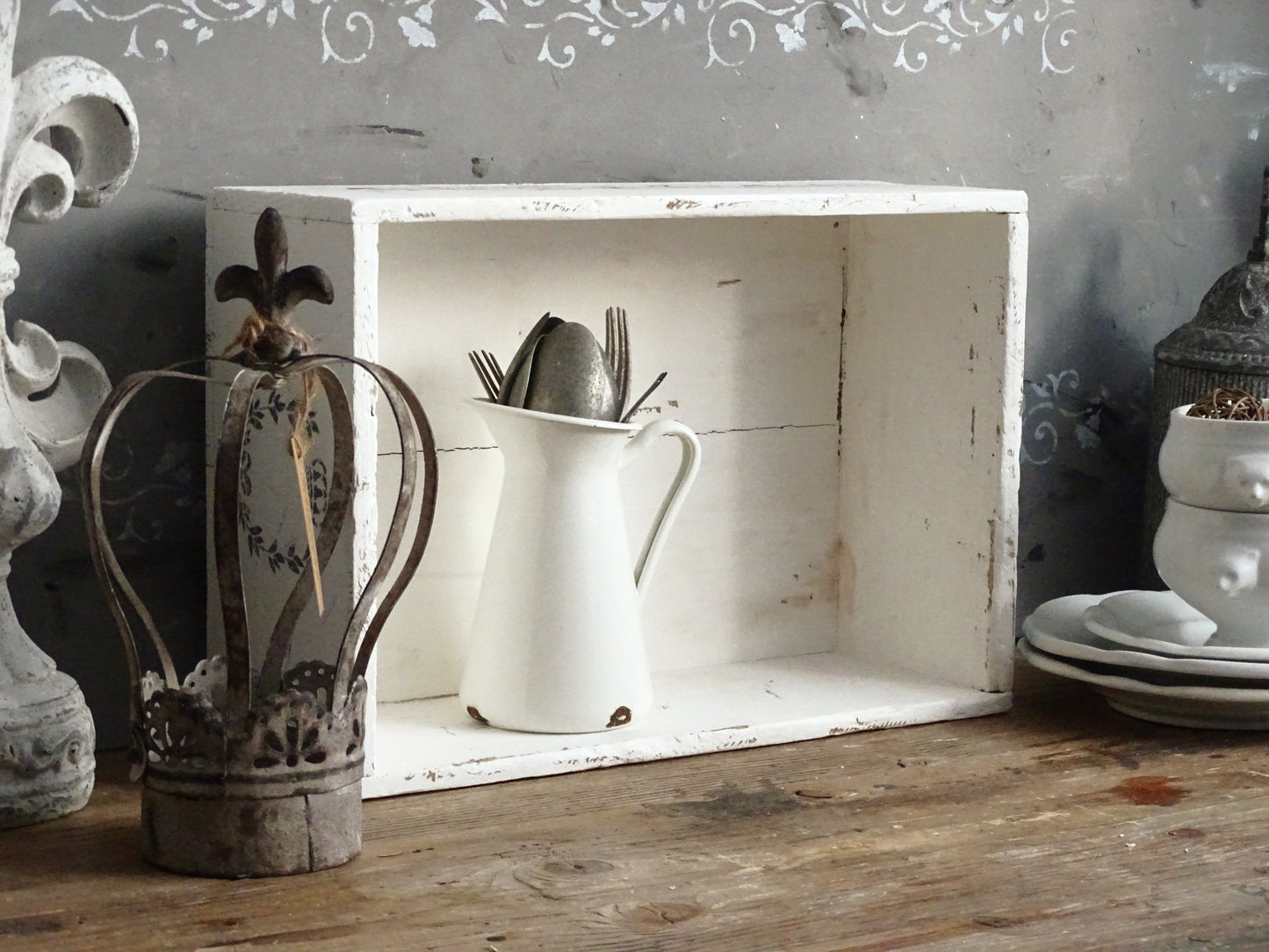 Distressed White Wood Storage Box, Crate: French Country Shabby Chic