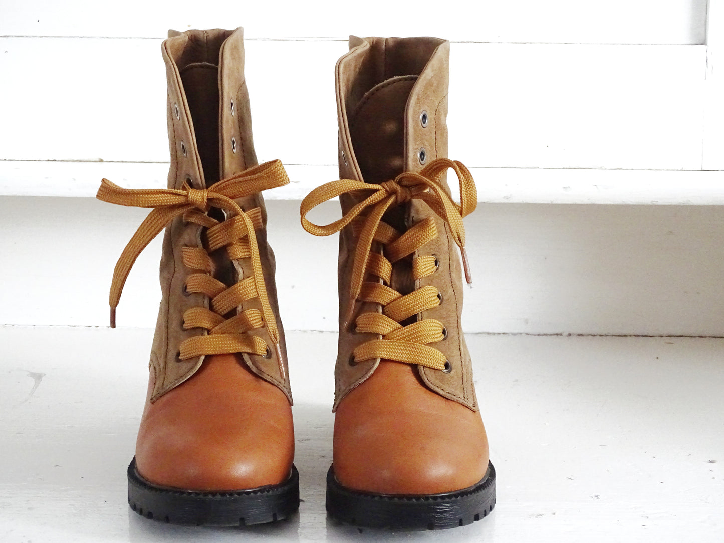 Brown Suede Leather Ankle Boots, Orange Faux Leather, Lace Up, Chunky Heel, Cowboy Style