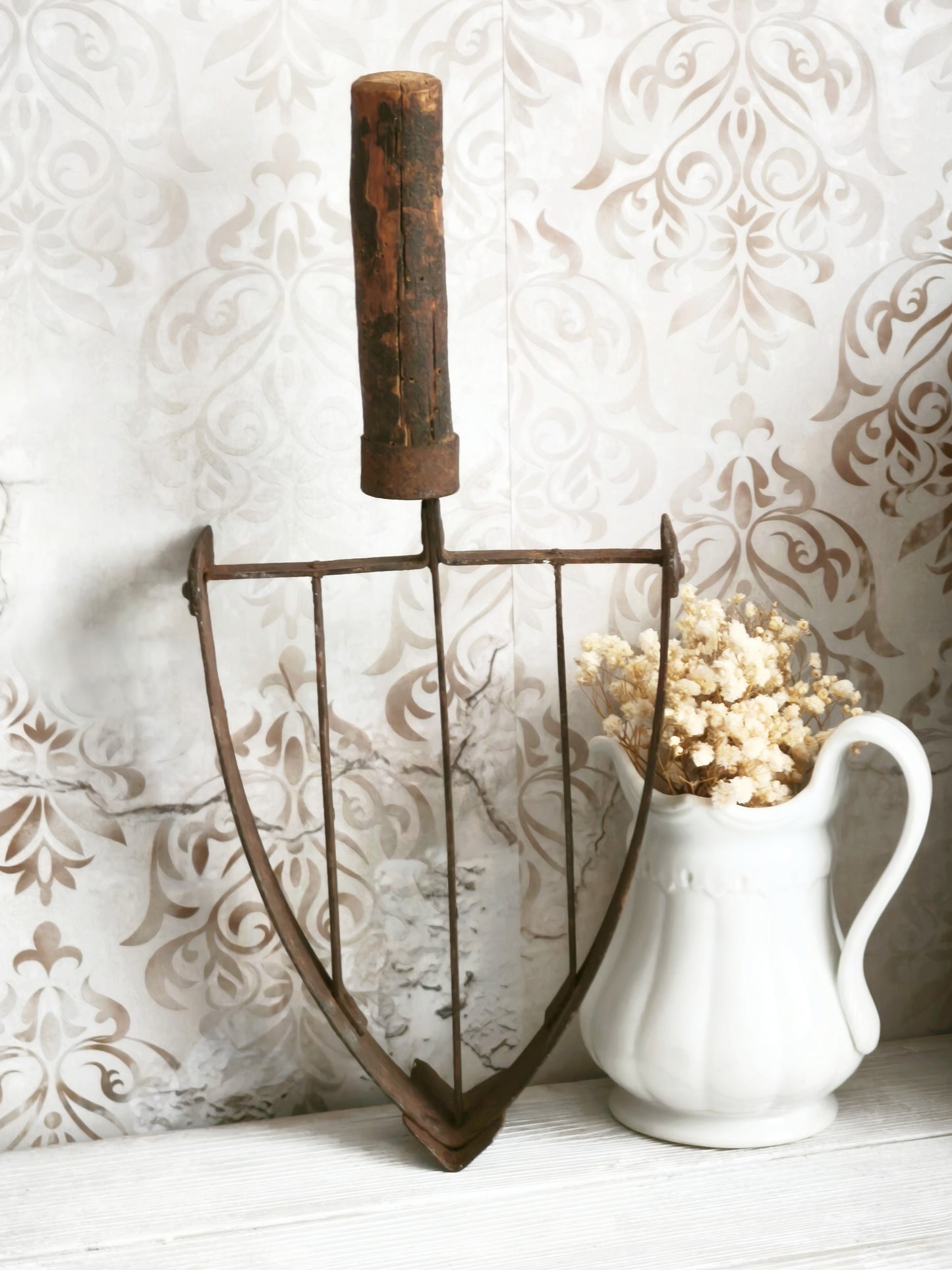 Antique Hand Forged Iron Trivet Wooden Handle