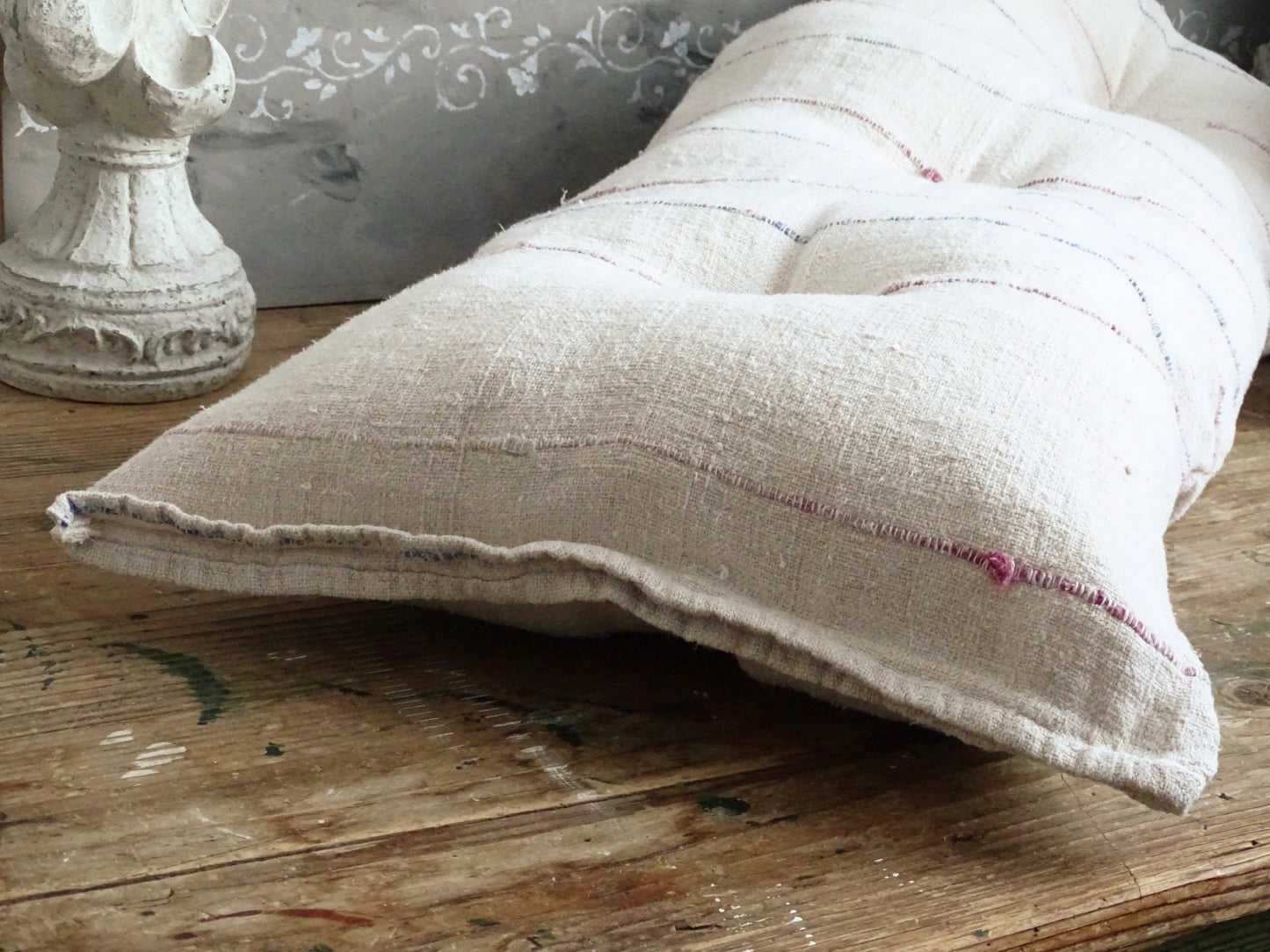 Antique Grain Sack Bench Cushion, Red Stripe Tufted Pillow, Washed Linen Seat Pad
