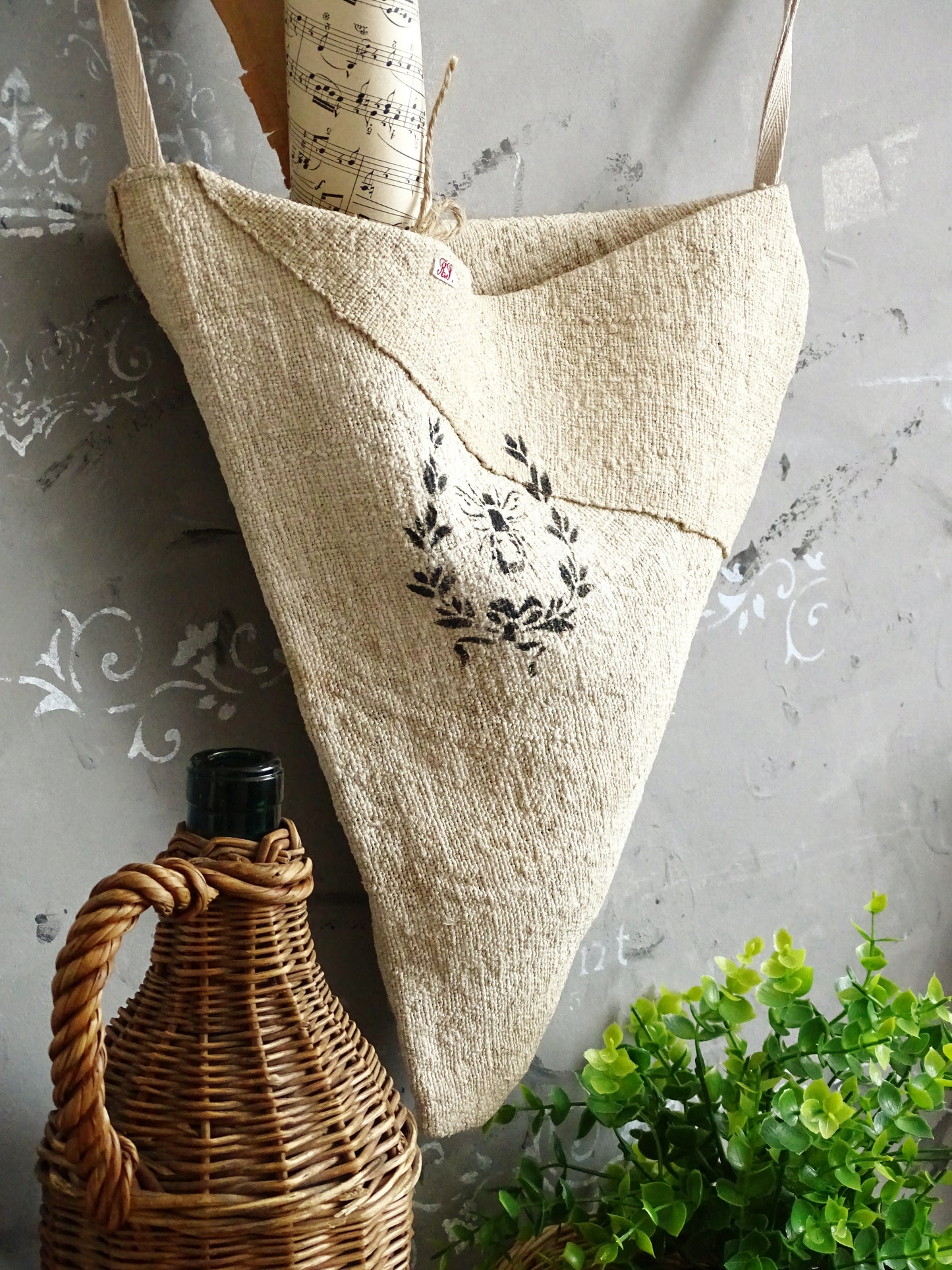 Cone Linen Wall Pocket, Antique Grain Sack Rustic Storage Bag