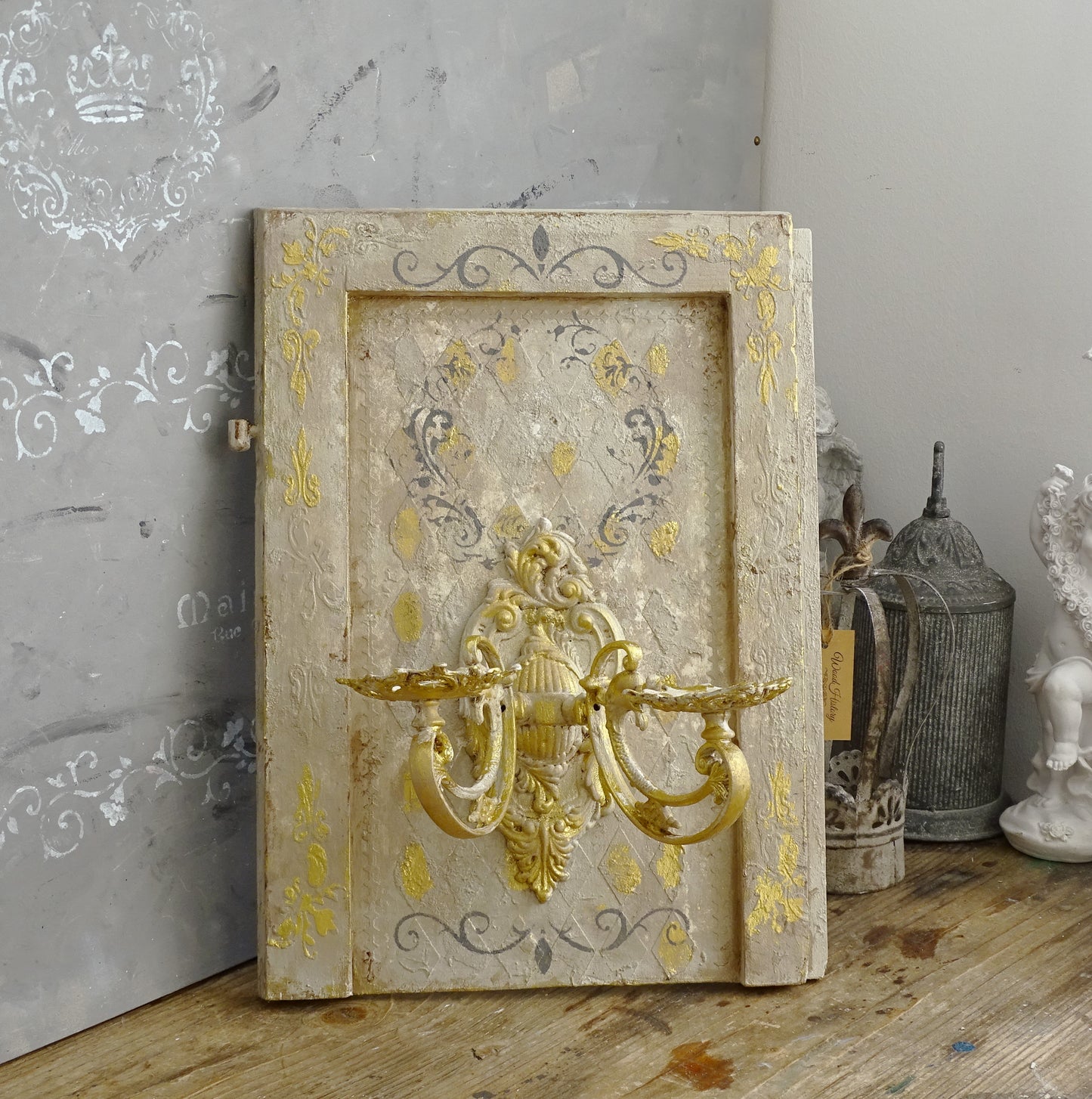 Antique Gilded French Wrought Iron Double Candle Sconce, Shabby Chic Wall Holder
