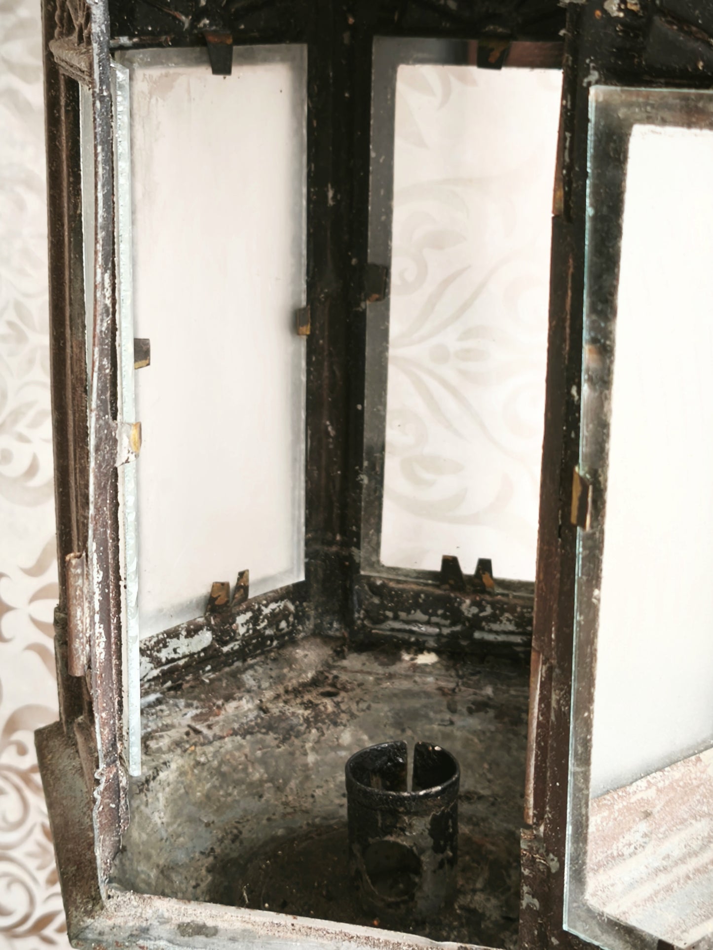 Antique Metal Church Candle Lantern Frosted Glass Windows, 1850s