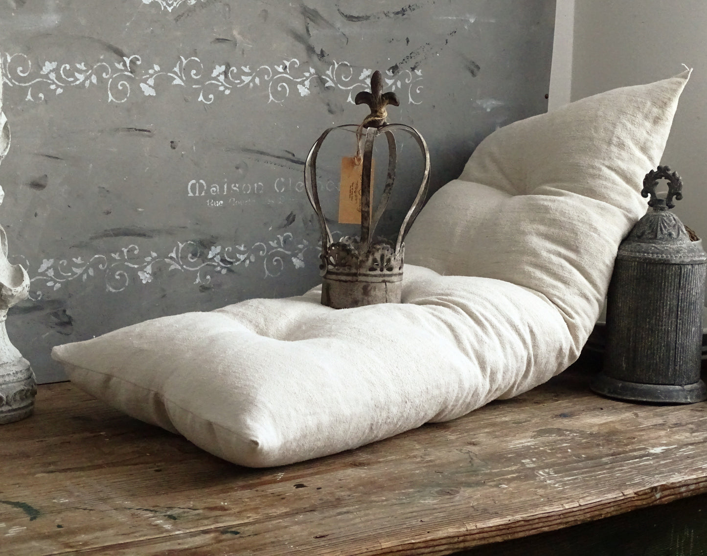 Antique Grain Sack Bench Cushion, Red Stripe Tufted Pillow, Washed Linen Seat Pad