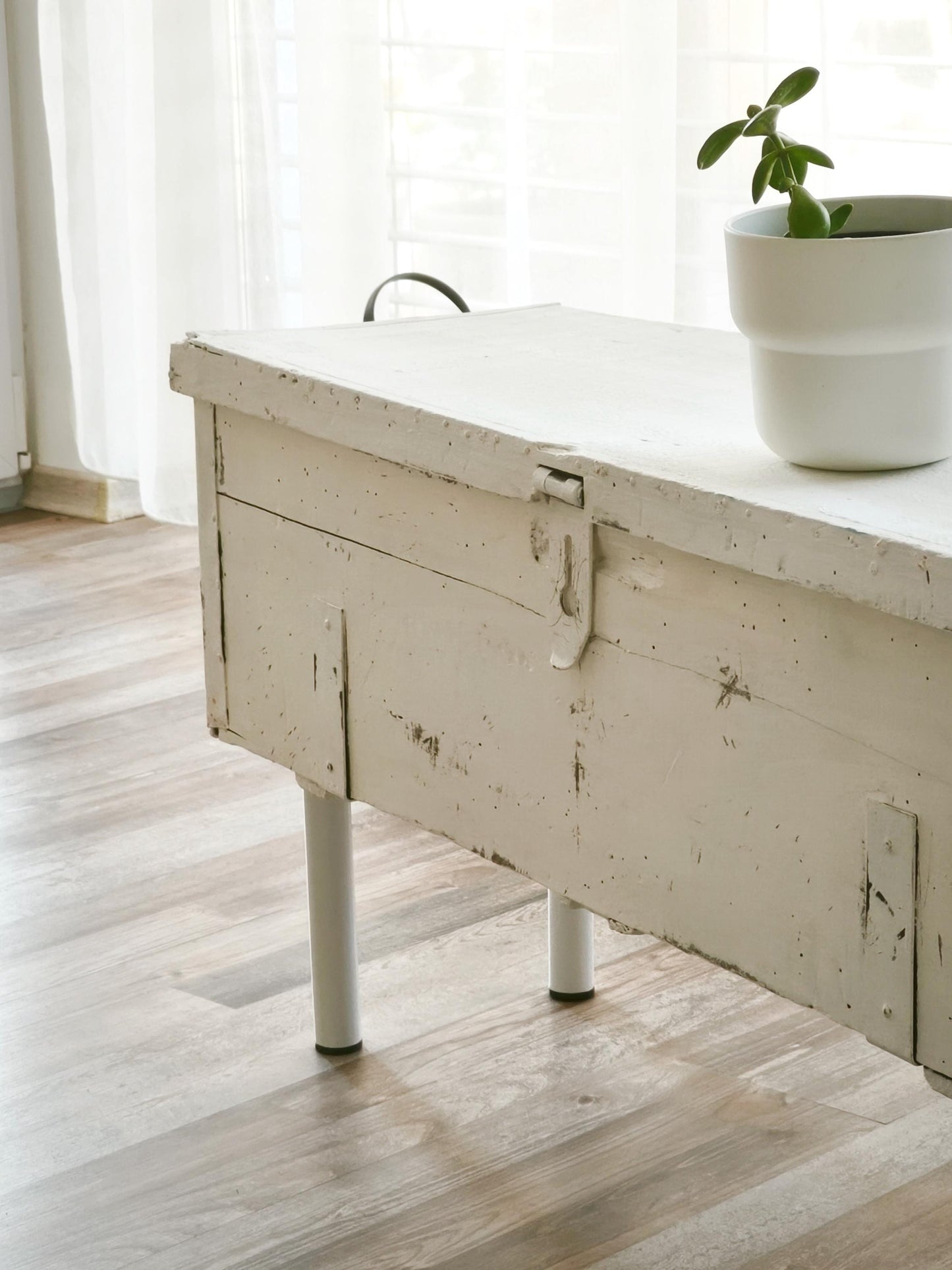 Antique White Wood Storage Bench: Shabby Chic Farmhouse Trunk, Industrial Legs