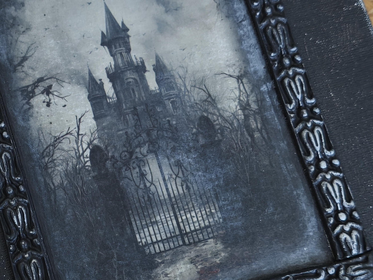 Moonlit Haunted Castle, Gothic Original Artwork on Wood, Hand Painted, Hand Lettered