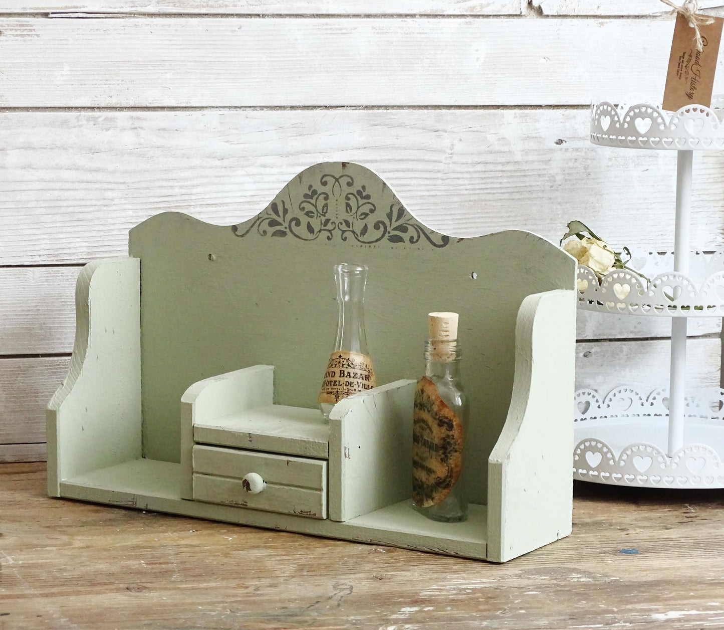 Green Wood Spice Rack Drawer, Spice Holder, Spice Shelf Wall Hanging, Tabletop Spice Organizer, Distressed Shabby Chic Kitchen Storage Rack