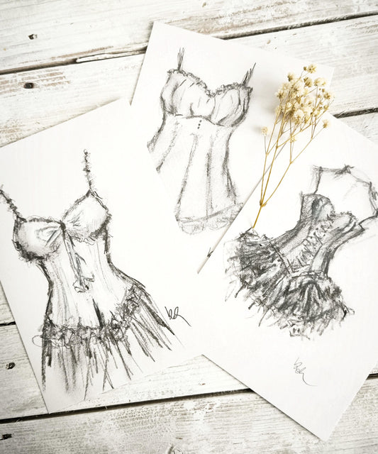 Original Charcoal Corset Sketch Drawing, French Fashion Lingerie Artwork, Ballet Tutu Dress Art