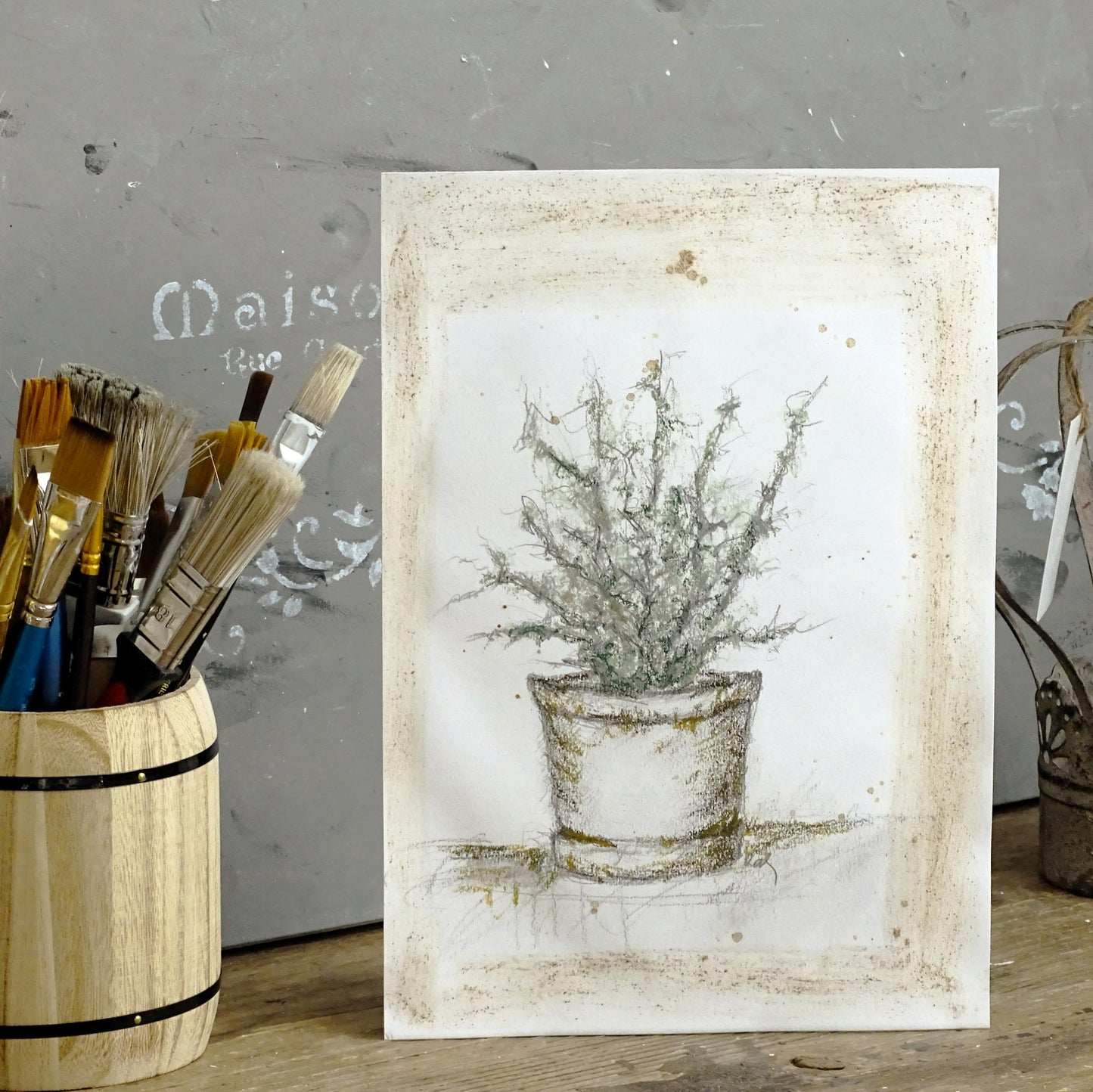 Original Sketch Plant Pot Drawing, Naive Still Life Greenery Artwork, Rustic Cabin Decor