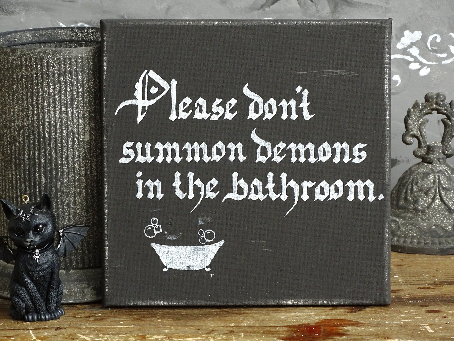 Gothic Bathroom Canvas Sign, Funny Demon Art, Hand-Lettered