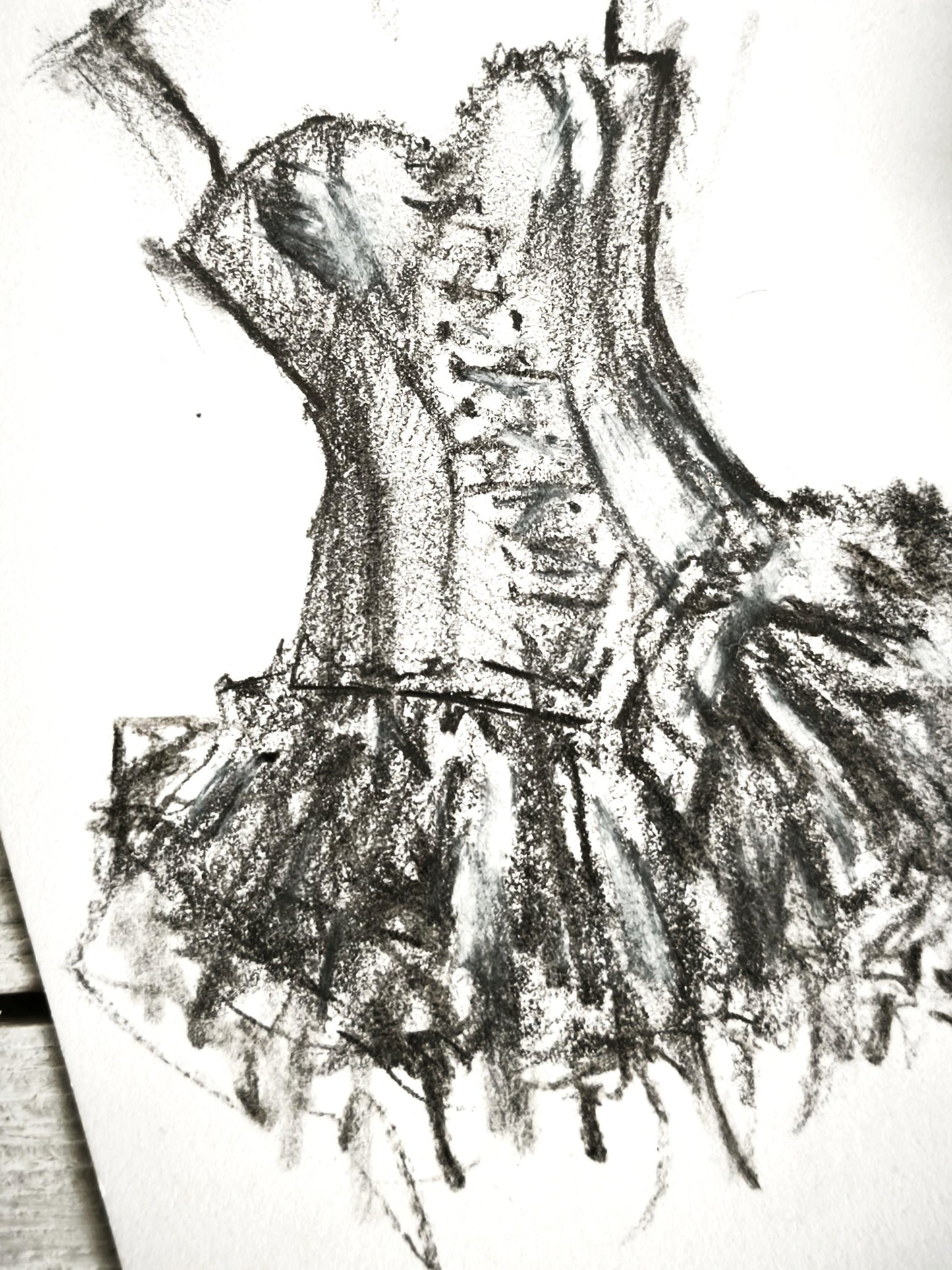 Original Charcoal Corset Sketch Drawing, French Fashion Lingerie Artwork, Ballet Tutu Dress Art