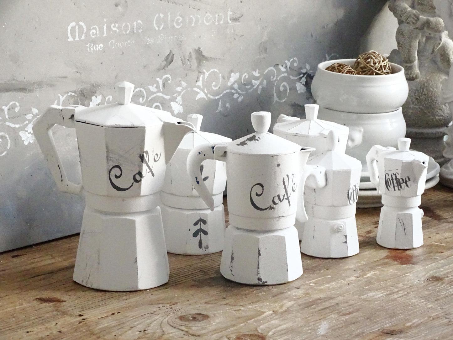 Distressed White Moka Pot, Italian Espresso Stove Coffee Maker, Retro Kitchen Decor