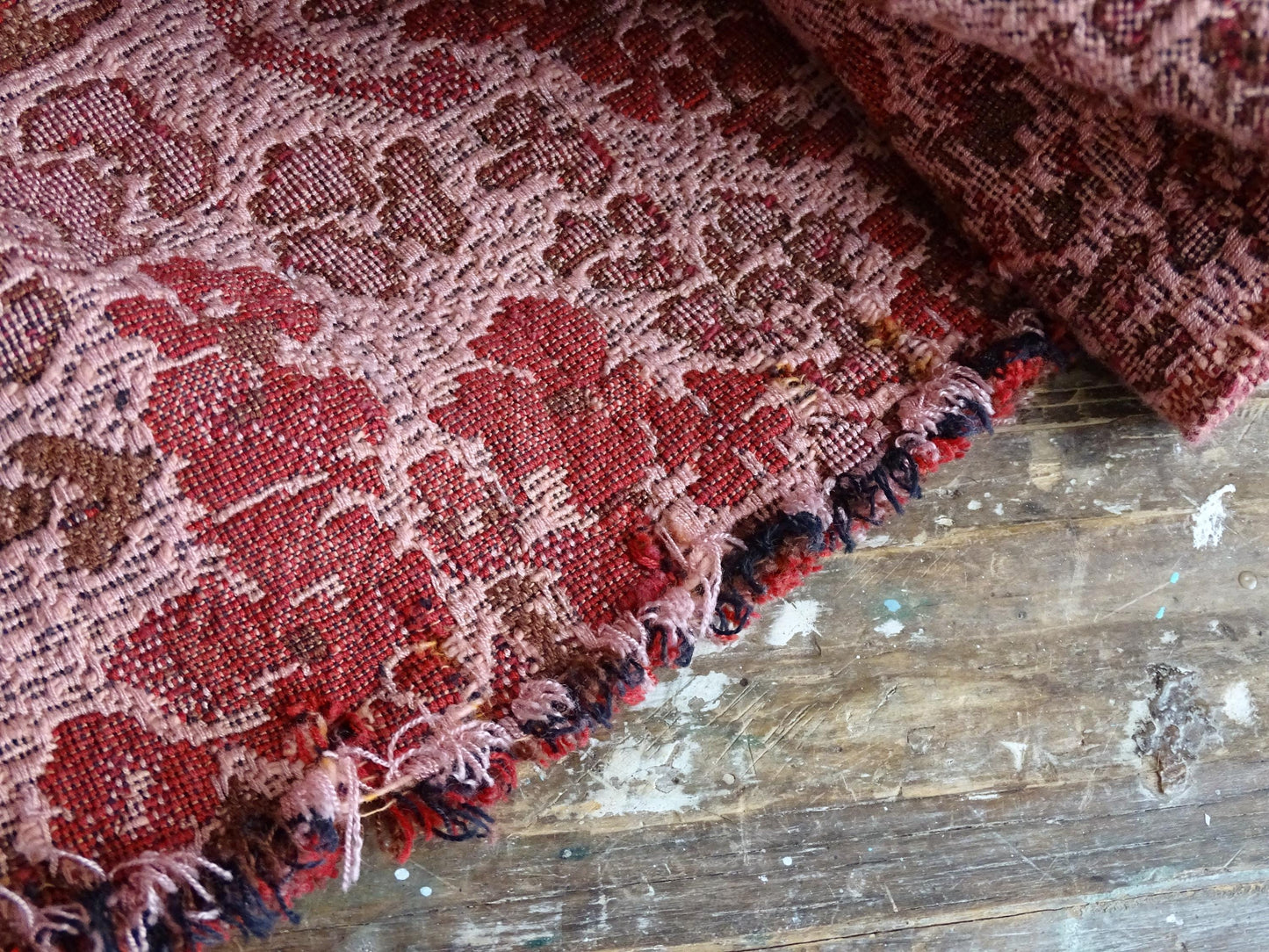 Maroon Pink Jacquard Floral Tapestry, Woven Cotton Summer Blanket, French Country Textile Wall Hanging