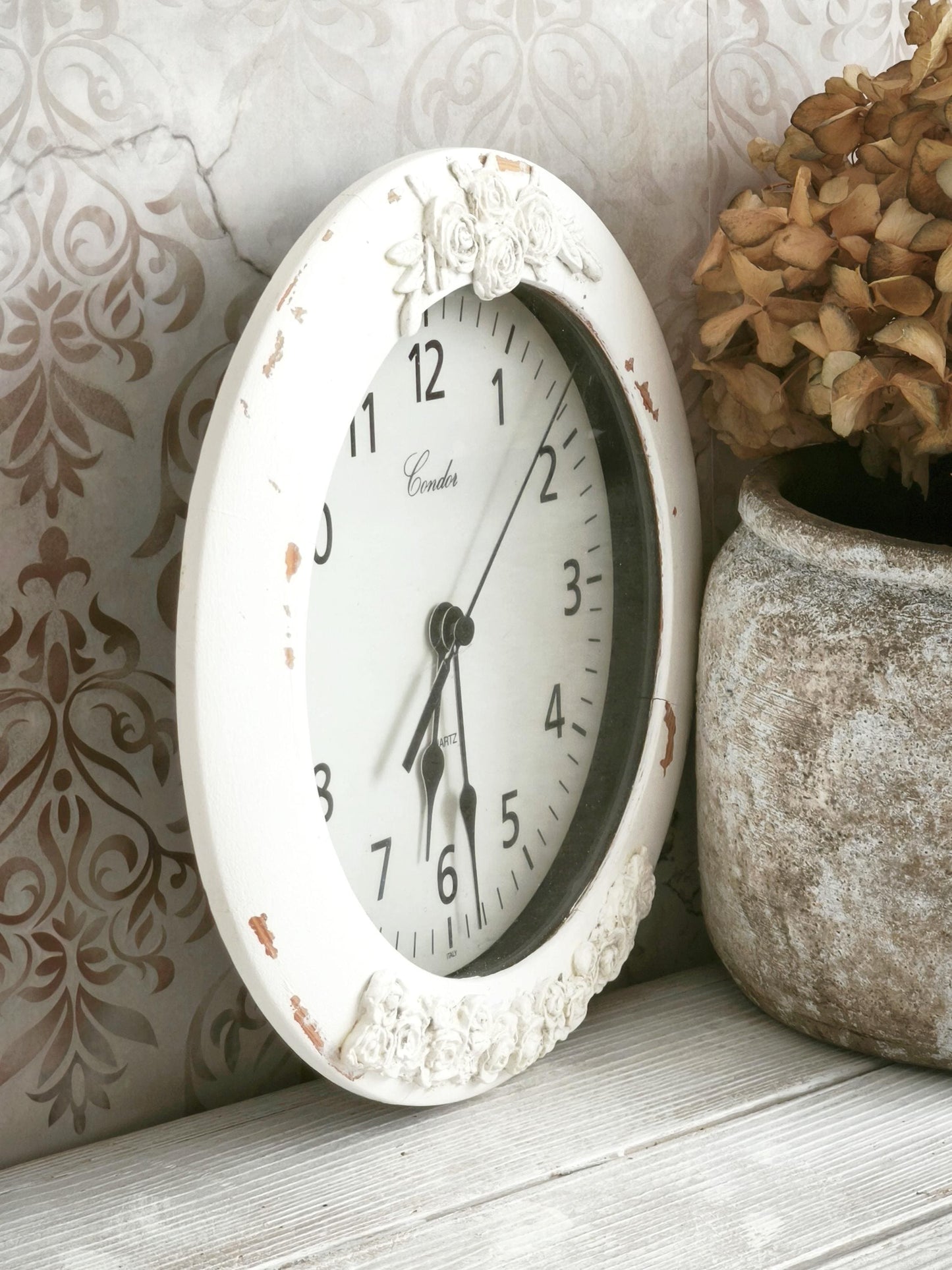 White Wood Wall Clock with Clay Flowers, Shabby Chic Ornate Floral Home Decor