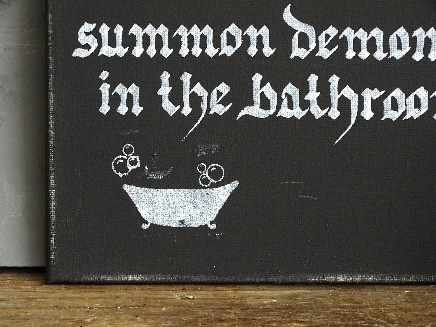 Gothic Bathroom Canvas Sign, Funny Demon Art, Hand-Lettered