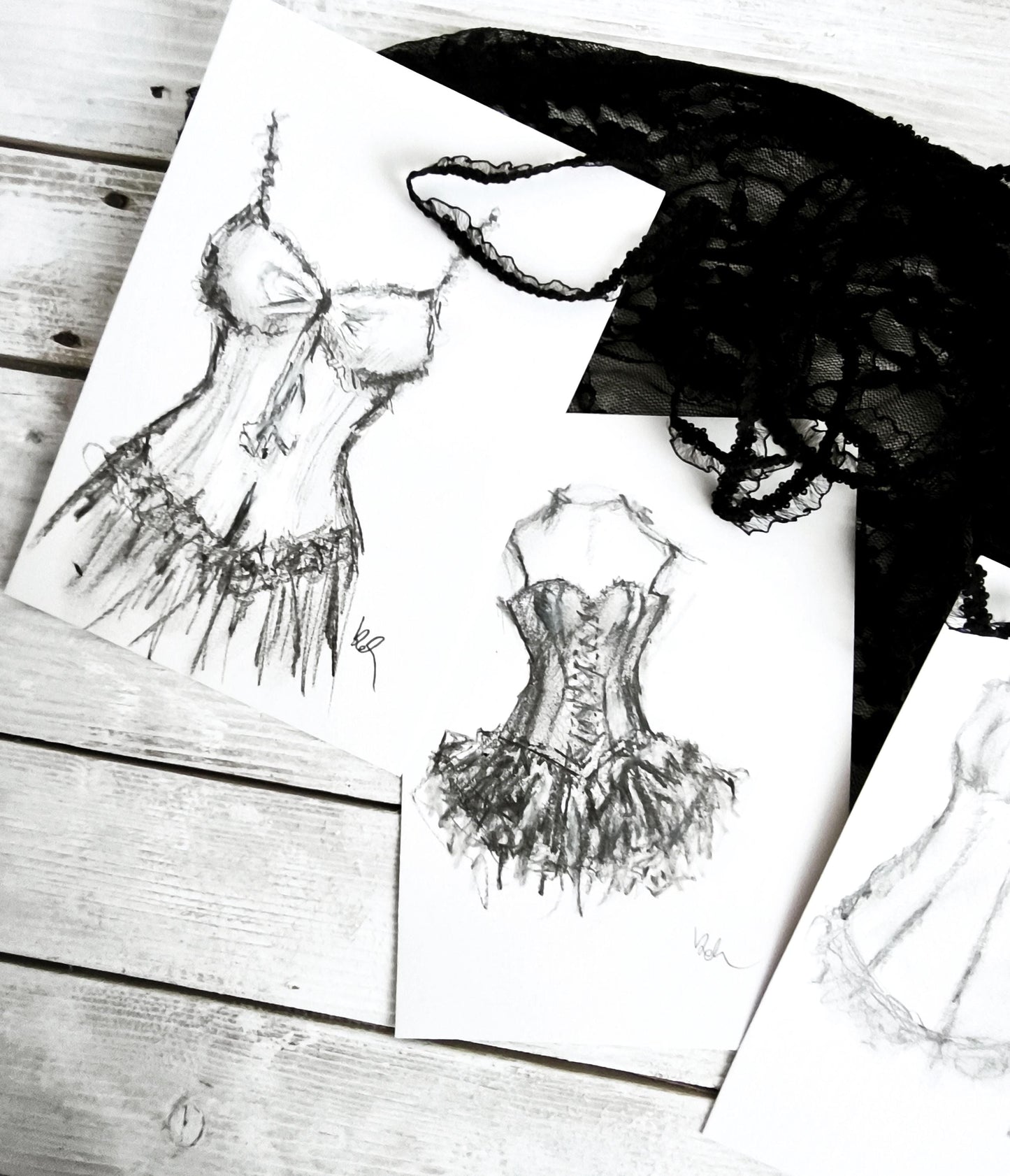 Original Charcoal Corset Sketch Drawing, French Fashion Lingerie Artwork, Ballet Tutu Dress Art