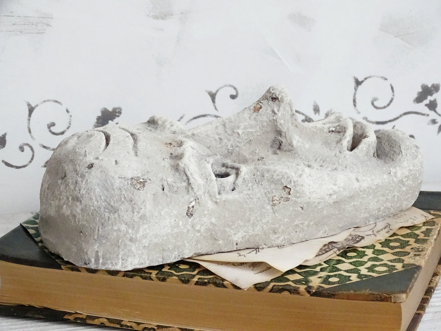 Grotesque Plaster Face Wall Sculpture, Distressed Creepy Portrait Mask Human Face, Head