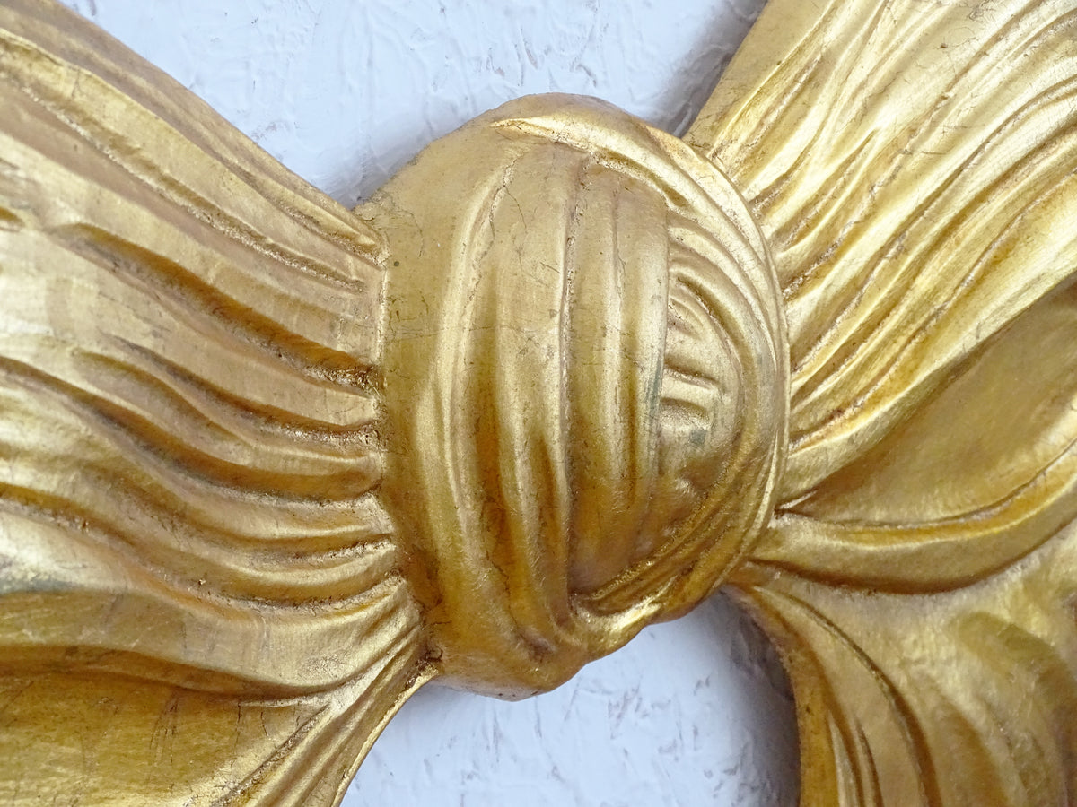 33.9" Hand Carved Gold Wooden Bow, Florentine Plaque, Extra Large Wall Decor Pediment, Panel