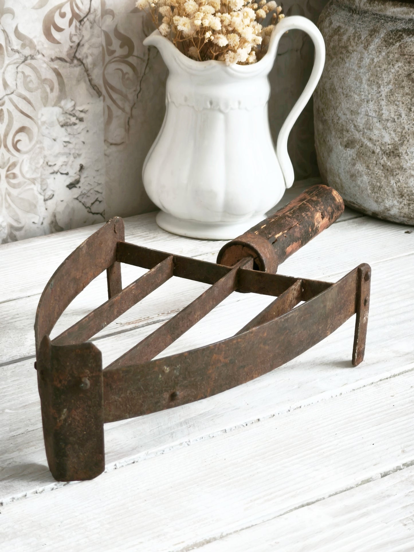Antique Hand Forged Iron Trivet Wooden Handle
