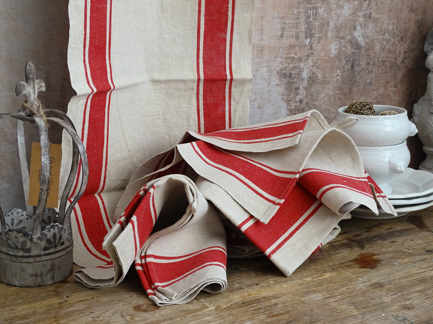 Set Of 2 Antique French Linen Tea Towels: Red Stripes, Unused 1900s Torchon