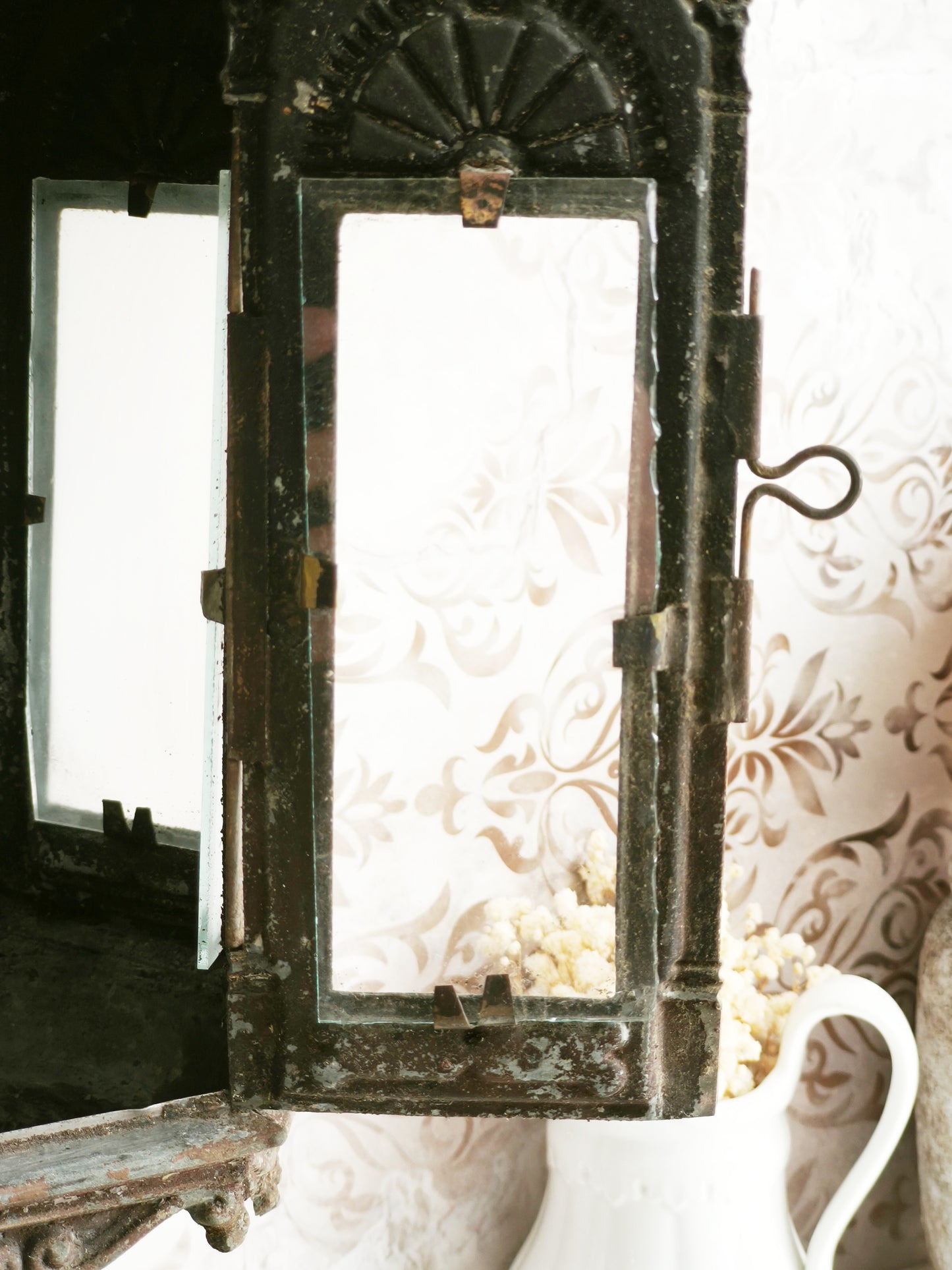Antique Metal Church Candle Lantern Frosted Glass Windows, 1850s