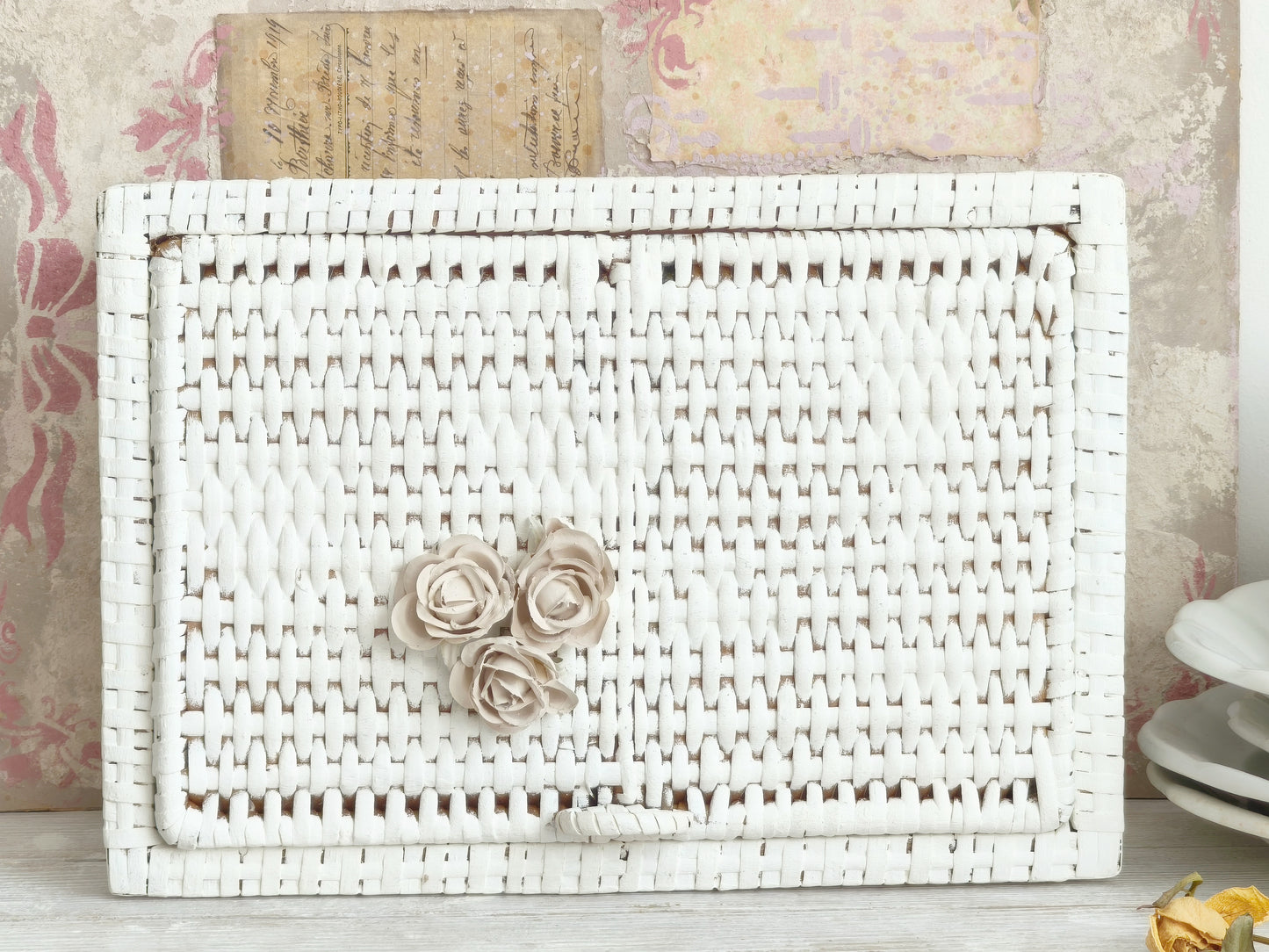 White Wicker Basket with Roses, Lidded Box