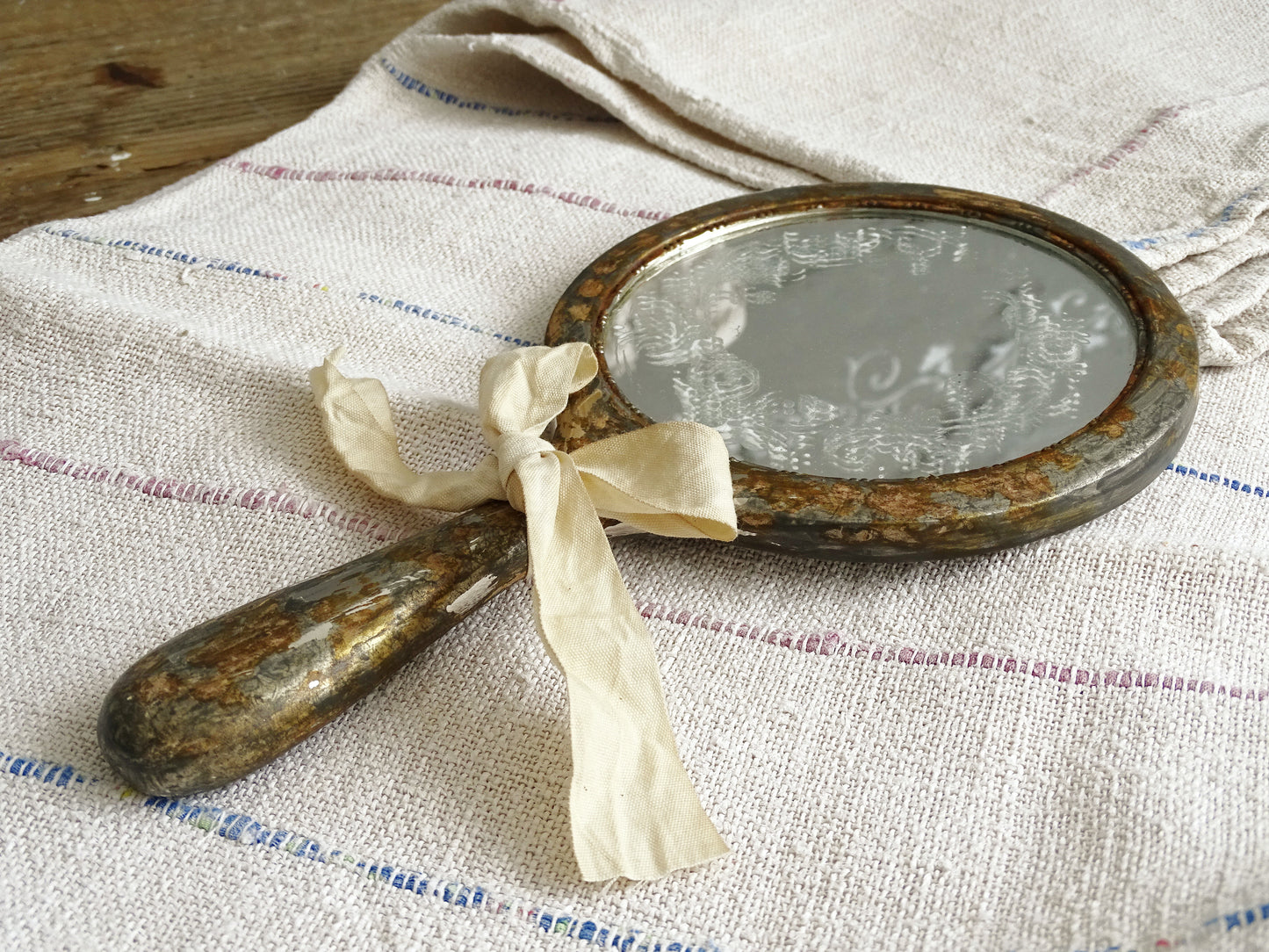 Aged Metal Hand Mirror with Bow, Makeup Mirror