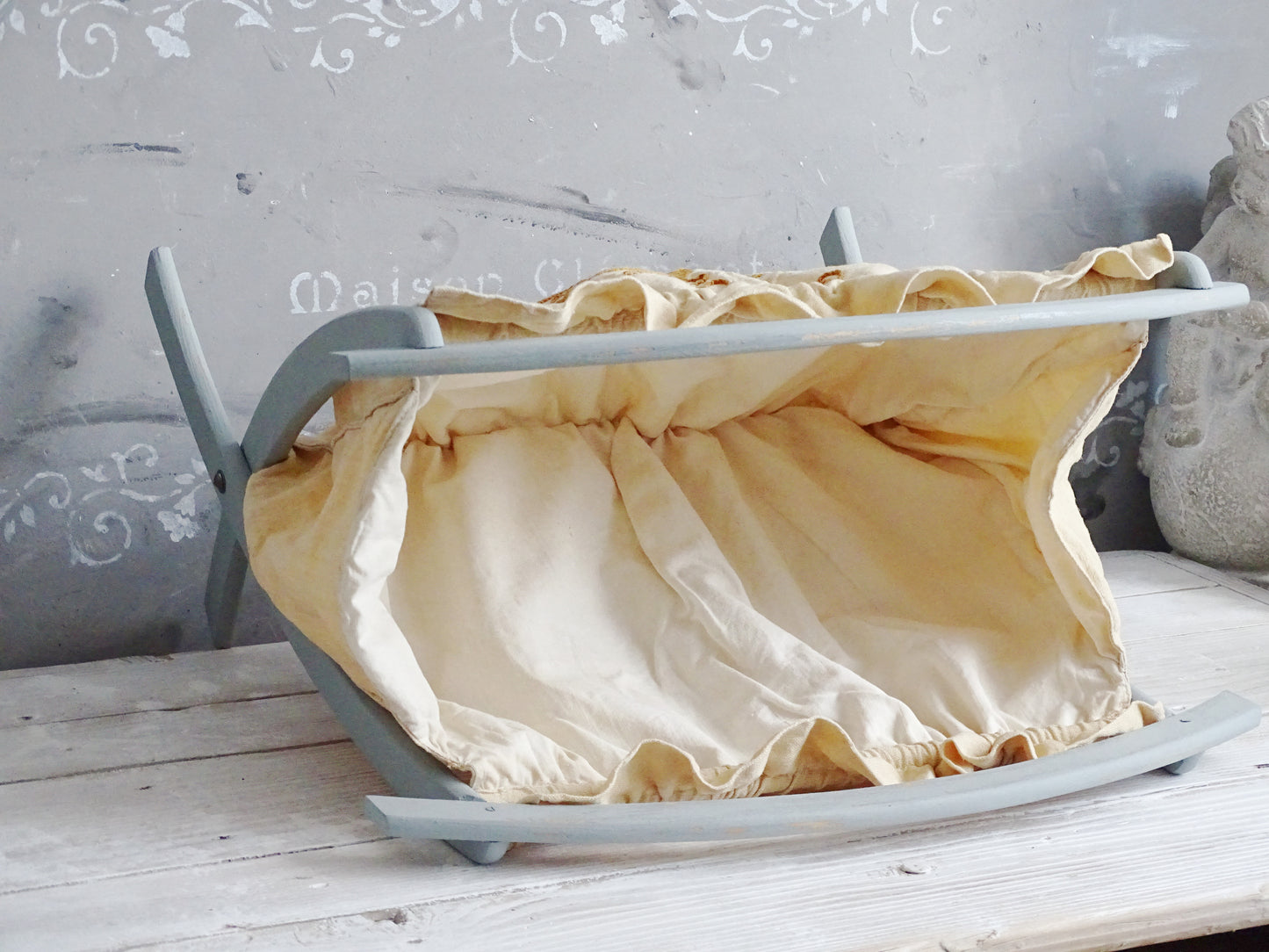 Vintage Blue Wood Magazine Rack With Ochre Beige Embroidery Floral Fabric