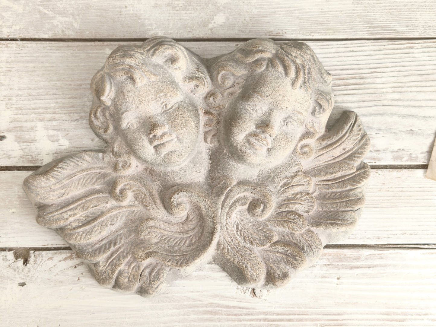 Large Plaster Cherubs Head Wall Sculpture, Bas Relief Chalkware Putti Angels, Shabby Chic Decor