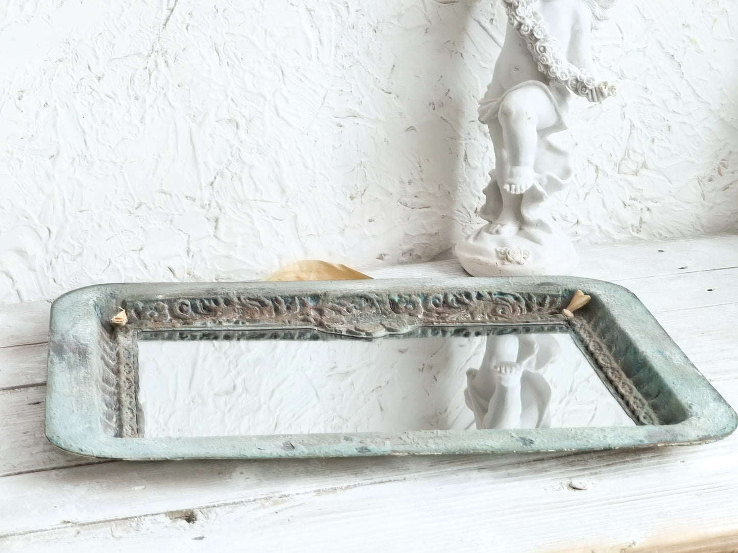 Romantic Blue Metal Wall Mirror With Floral Details And Hanging Ribbon, Distressed Shabby Chic Home Decor