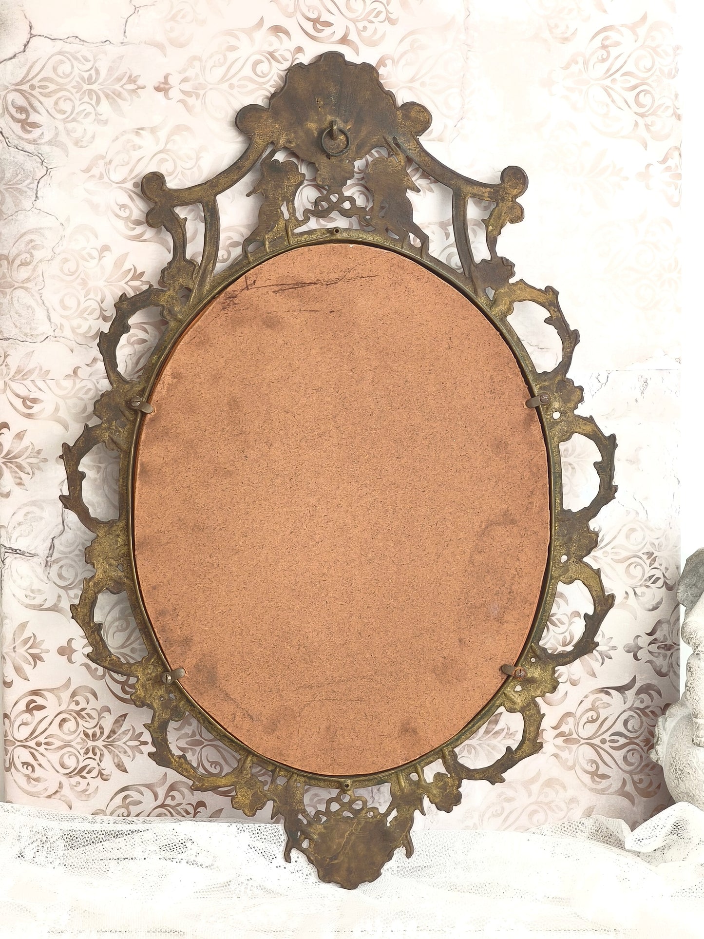 Large Antique Brass Wall Mirror With Cherubs, Oval Ornate Rocaille Design