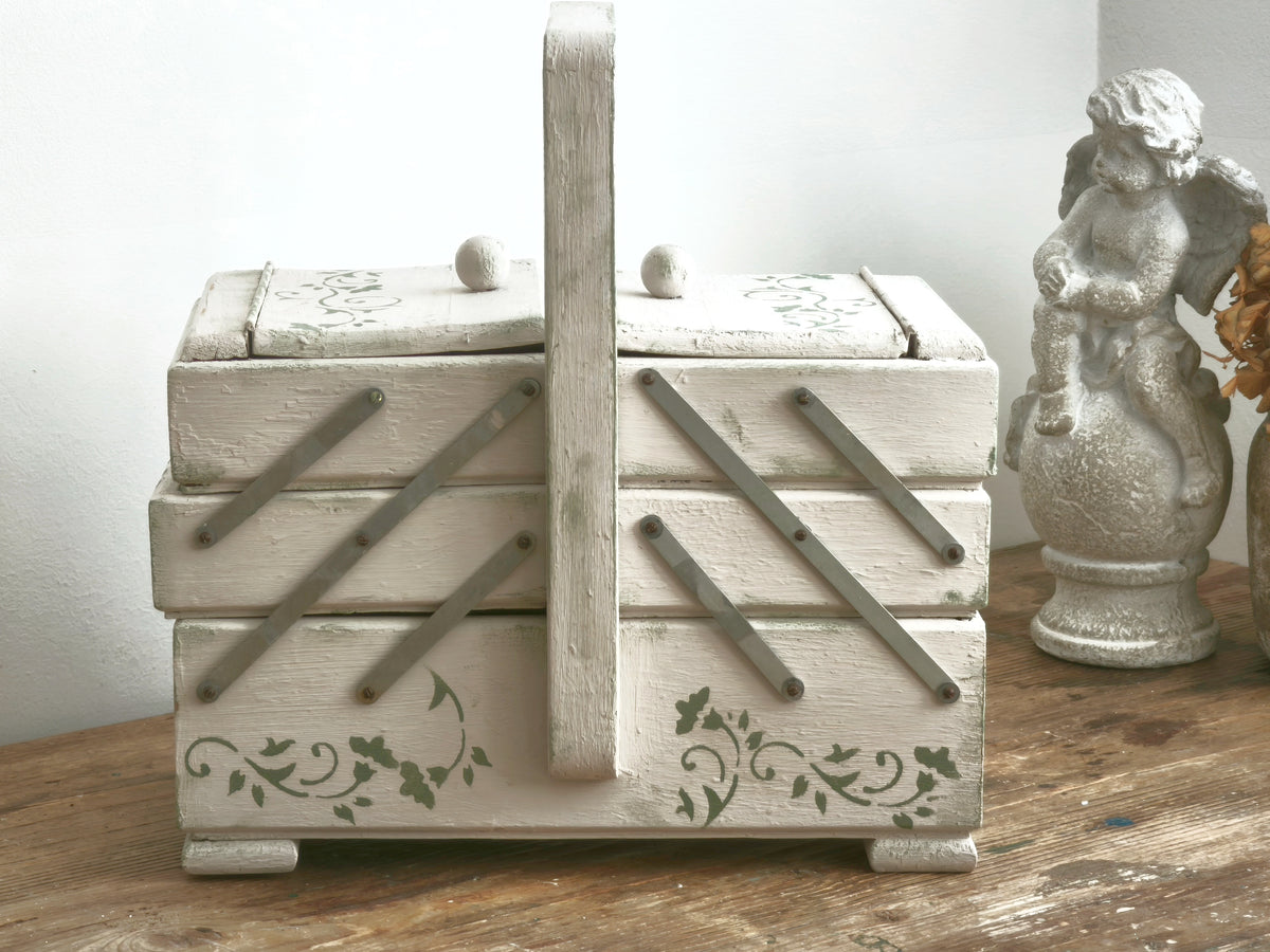 Antique Large Accordion Sewing Box: Shabby Chic Off White Wood Expandable Storage