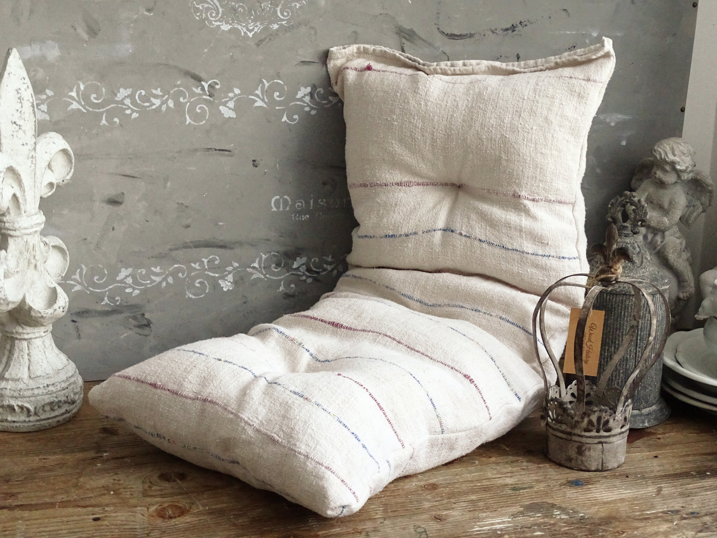 Antique Grain Sack Bench Cushion, Red Stripe Tufted Pillow, Washed Linen Seat Pad