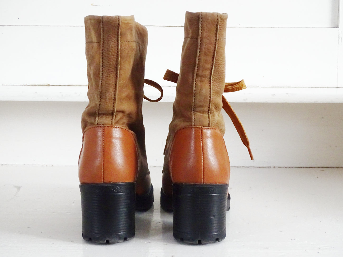 Brown Suede Leather Ankle Boots, Orange Faux Leather, Lace Up, Chunky Heel, Cowboy Style