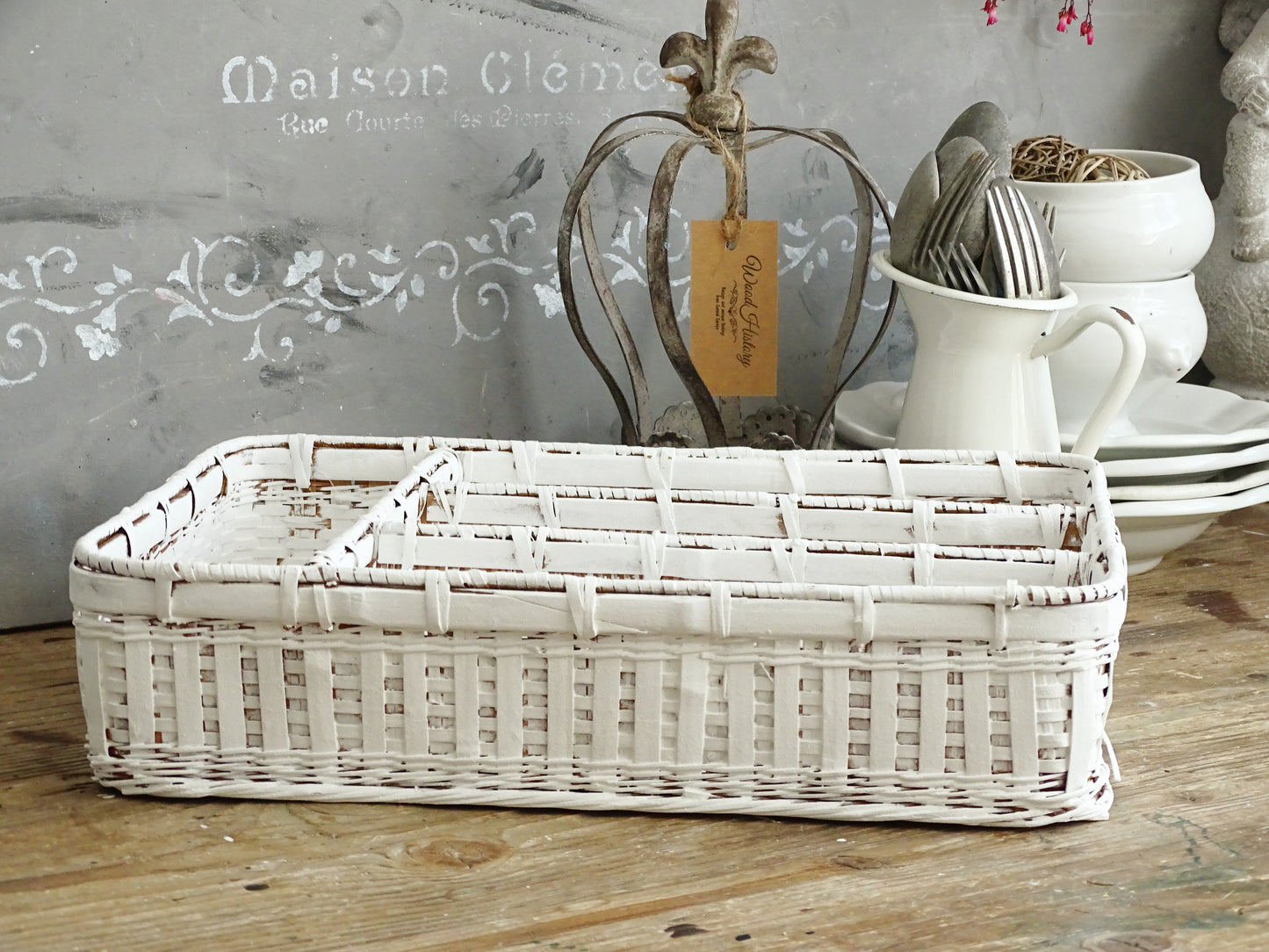 White Wicker Flatware Tray, Cuttlery Caddy Holder, Compartment Divided Box, Drawer Organizer, Shadow Box