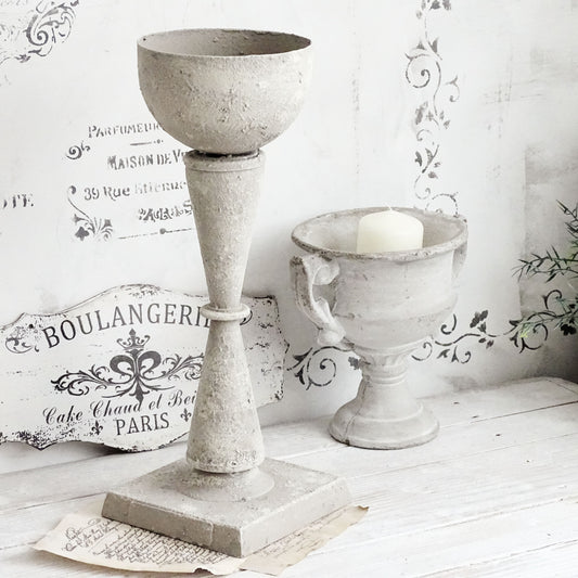 Metal Trophy Urn Vase Stone Effect, Gray Distressed, Shabby Chic Pedestal Plant Pot